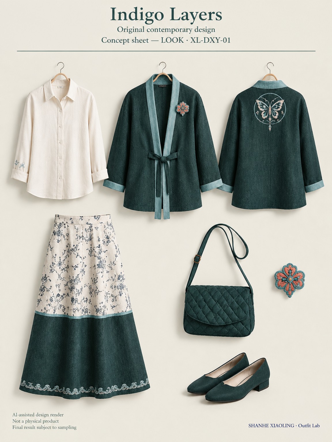 Indigo Layers — Woven · Embroidery · Quilted · Mixed — Yarn + cloth · Cotton-linen · Wool · Twill · Embroidery thread · ground cloth · Quilted cotton · Wadding