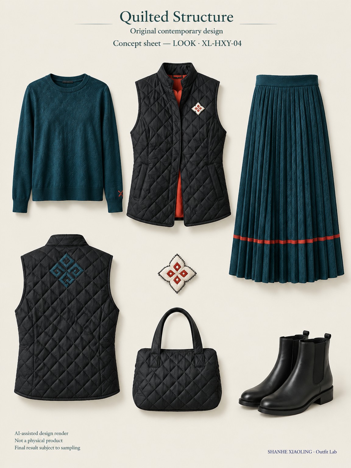 Quilted Structure — Woven · Embroidery · Quilted — Quilted cotton · Wadding · Cotton-linen · Wool · Twill · Embroidery thread · ground cloth