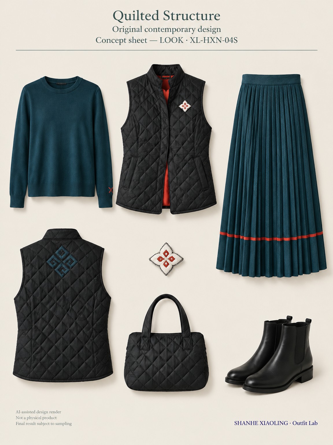 Quilted Structure — Woven · Embroidery · Quilted — Quilted cotton · Wadding · Cotton-linen · Wool · Twill · Embroidery thread · ground cloth