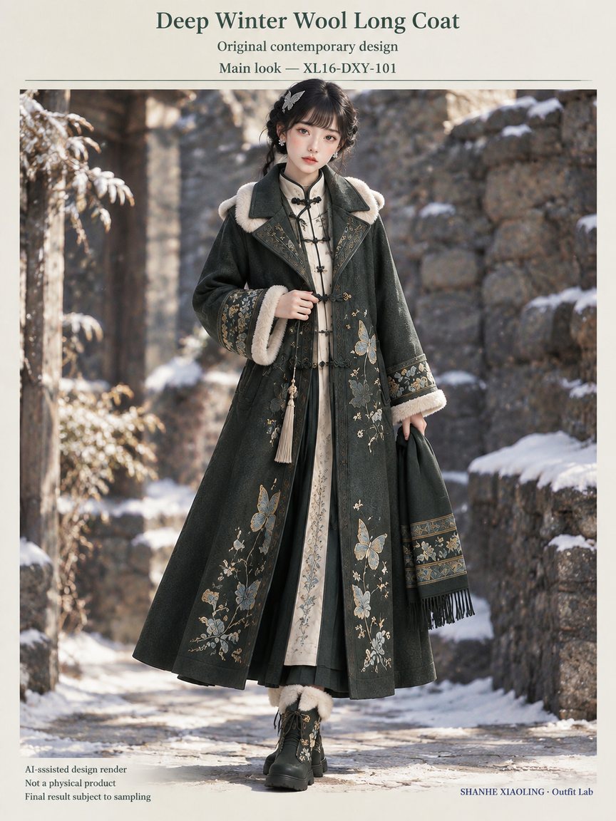 Deep Winter Wool Long Coat — Woven · Embroidery · Quilted · Mixed — Cotton-linen · Wool · Twill · Quilted cotton · Wadding · Yarn + cloth · Embroidery thread · ground cloth