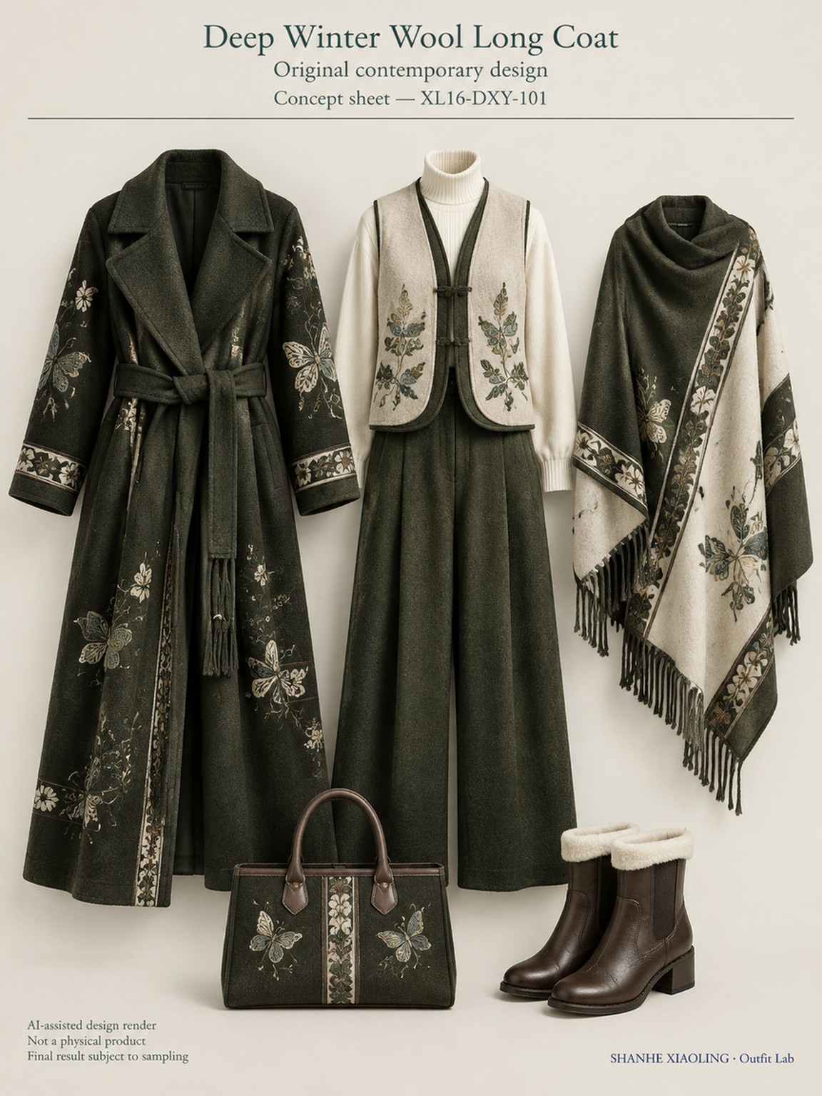 Deep Winter Wool Long Coat — Woven · Embroidery · Quilted · Mixed — Cotton-linen · Wool · Twill · Quilted cotton · Wadding · Yarn + cloth · Embroidery thread · ground cloth