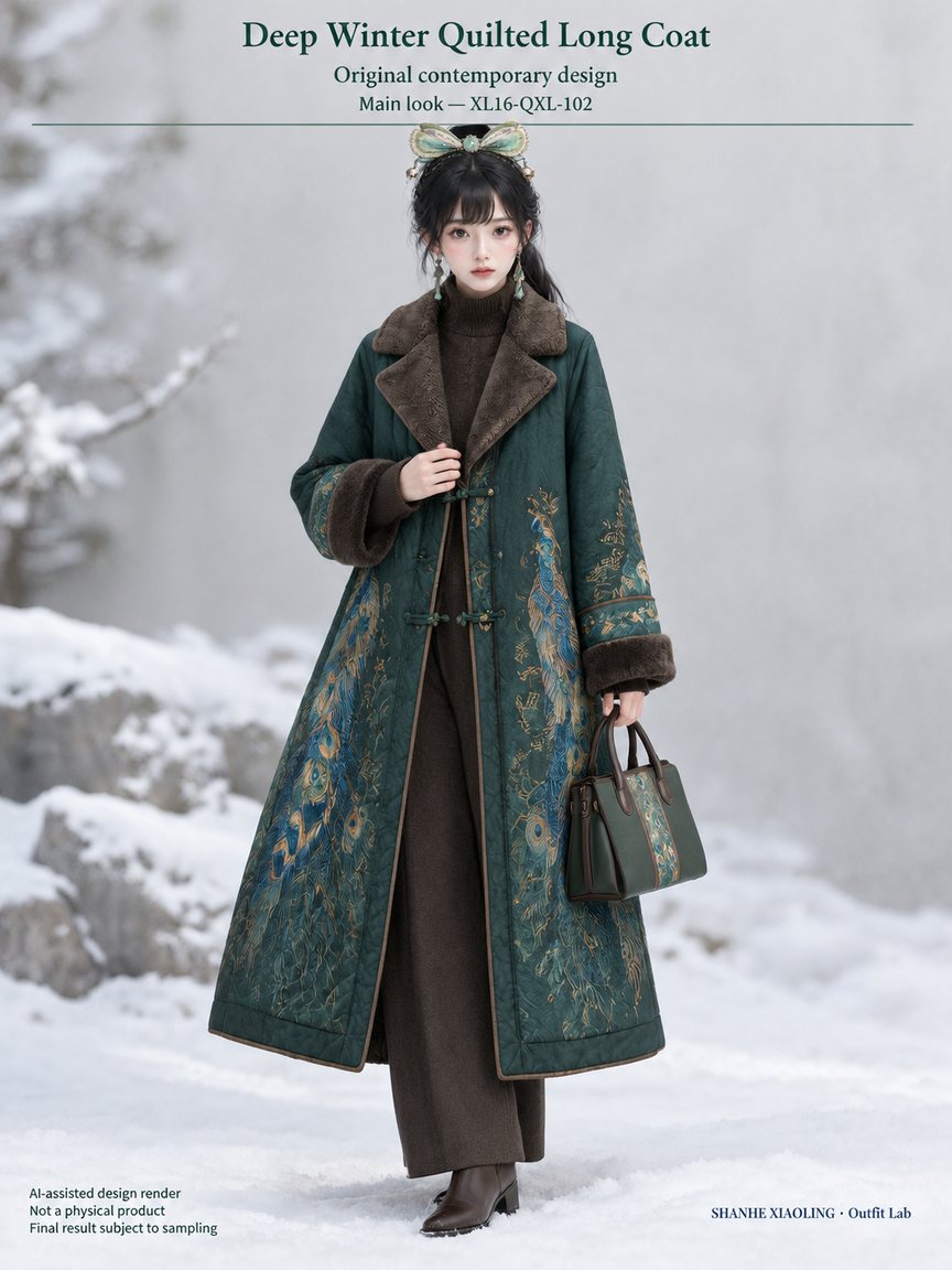 Deep Winter Quilted Long Coat — Woven · Lace/Gauze · Embroidery · Quilted — Quilted cotton · Wadding · Cotton-linen · Wool · Twill · Lace · Gauze · Embroidery thread · ground cloth