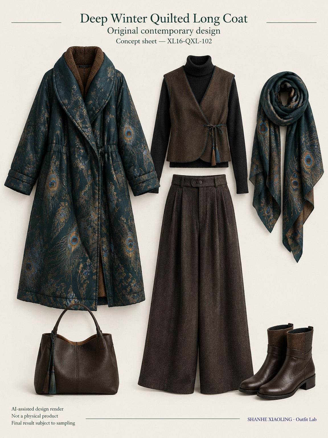 Deep Winter Quilted Long Coat — Woven · Lace/Gauze · Embroidery · Quilted — Quilted cotton · Wadding · Cotton-linen · Wool · Twill · Lace · Gauze · Embroidery thread · ground cloth