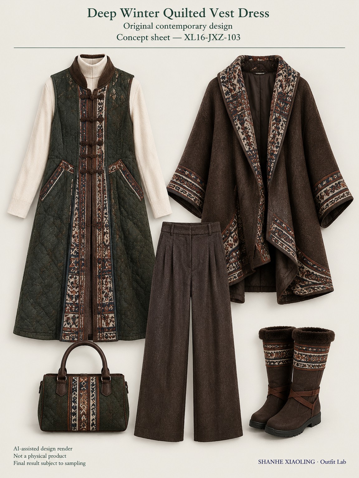 Deep Winter Quilted Vest Dress — Woven · Quilted · Mixed — Quilted cotton · Wadding · Cotton-linen · Wool · Twill · Yarn + cloth