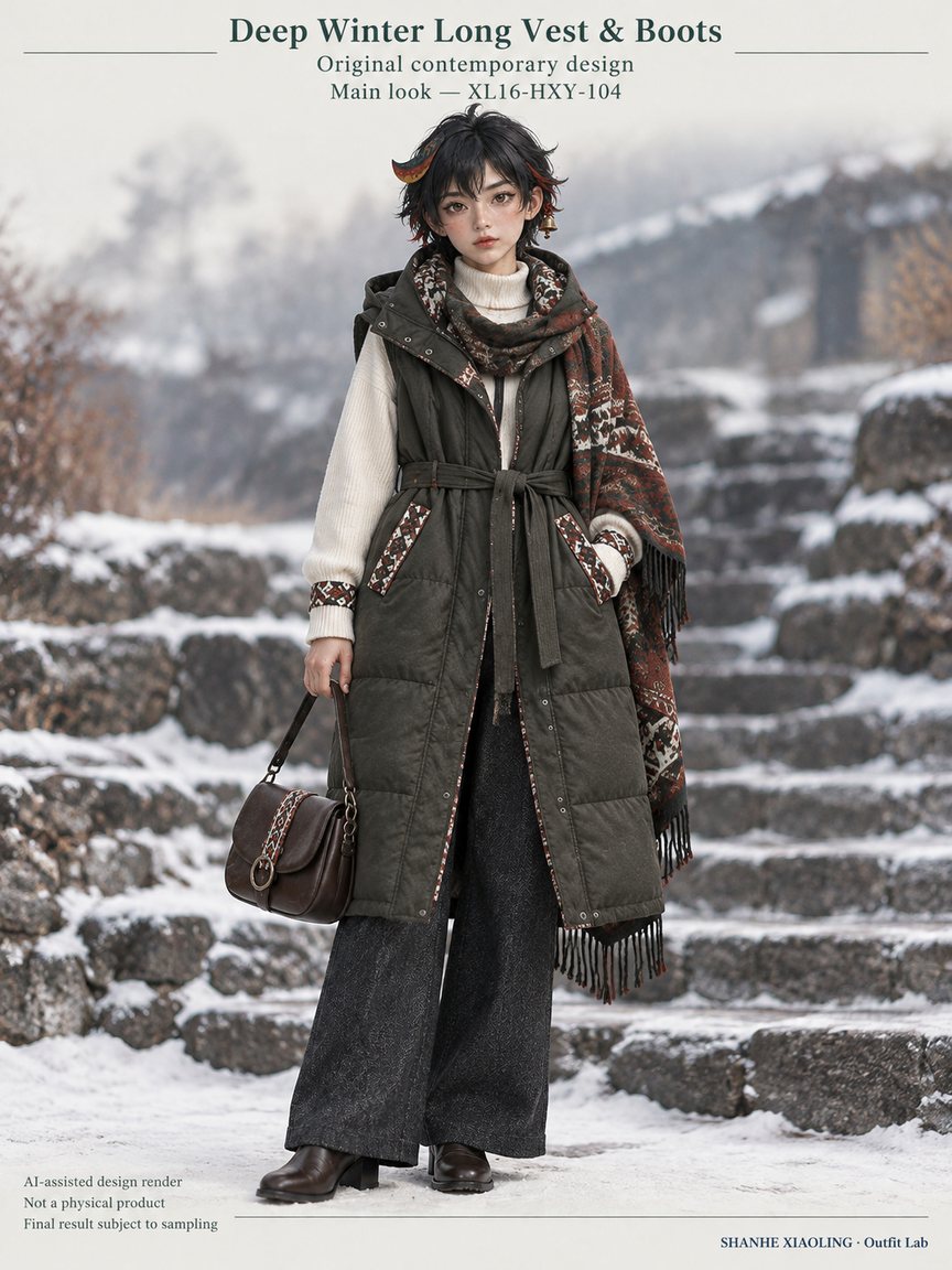Deep Winter Long Vest & Boots — Woven · Embroidery · Quilted · Mixed — Quilted cotton · Wadding · Cotton-linen · Wool · Twill · Yarn + cloth · Embroidery thread · ground cloth