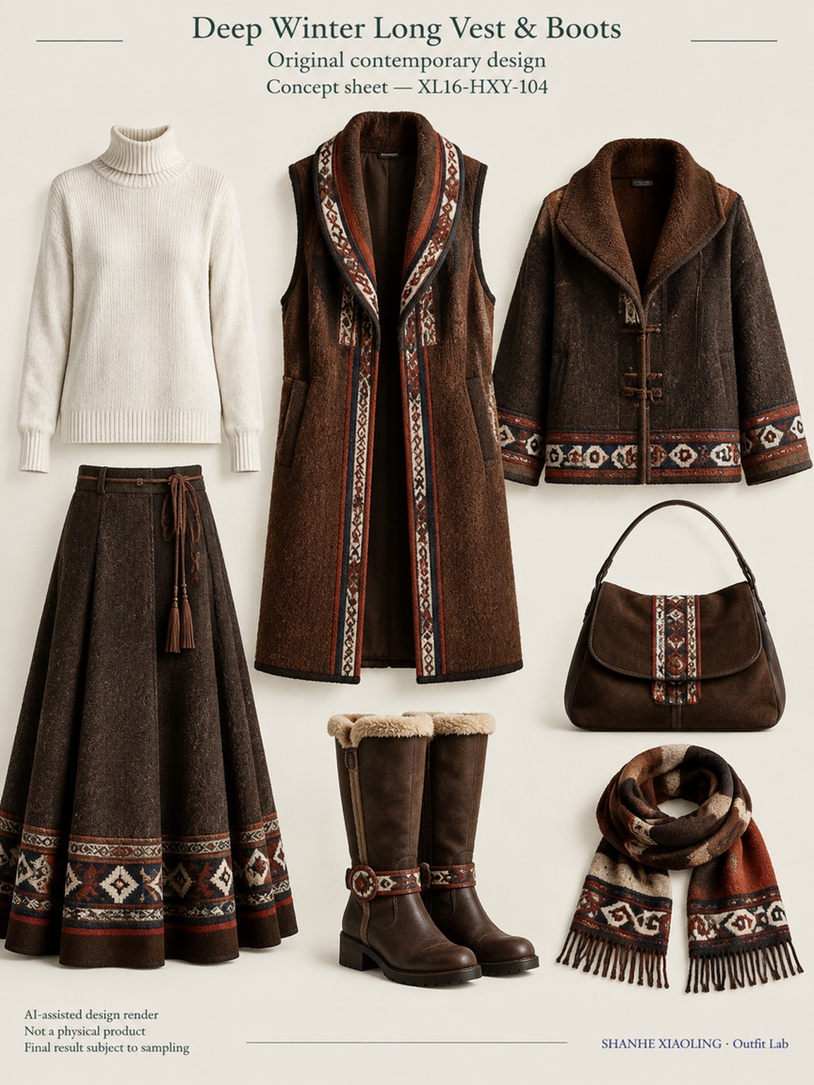 Deep Winter Long Vest & Boots — Woven · Embroidery · Quilted · Mixed — Quilted cotton · Wadding · Cotton-linen · Wool · Twill · Yarn + cloth · Embroidery thread · ground cloth