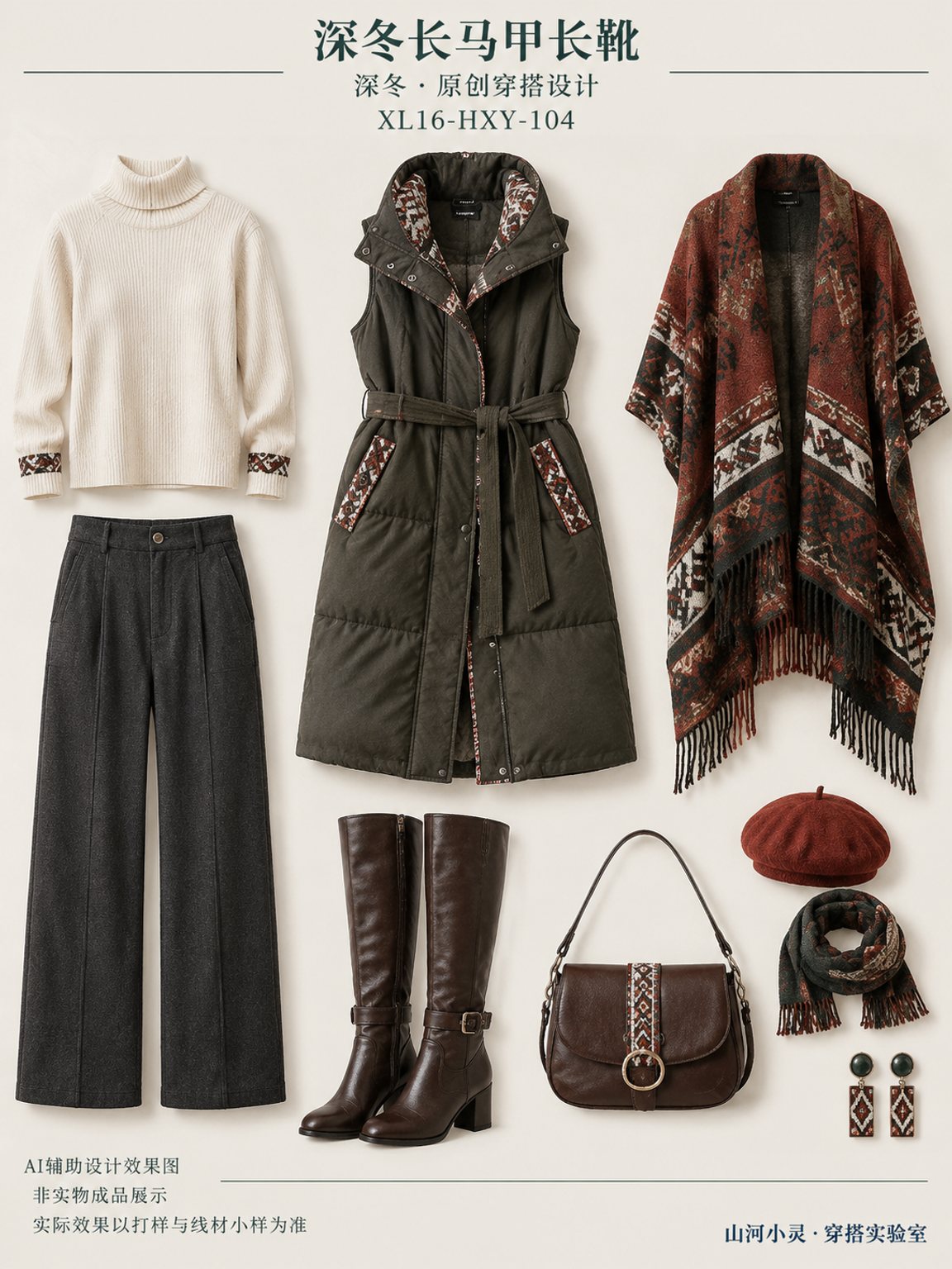 深冬长马甲长靴｜彝族 · 火舞彝山｜绗缝 · 梭织 · 混材 · 刺绣｜绗缝棉 · 填充 · 棉麻 · 羊毛呢 · 斜纹布 · 纱线＋布料 · 绣线 · 底布