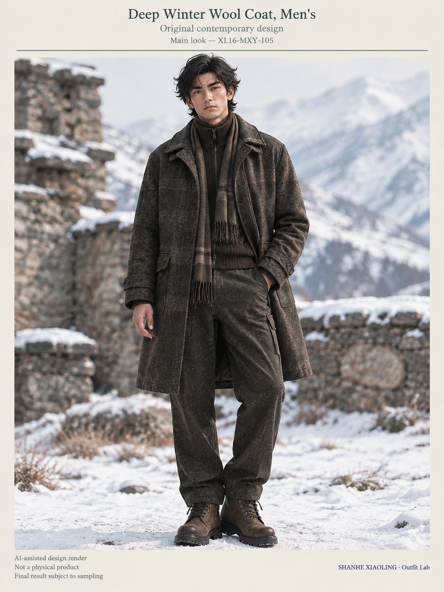 Deep Winter Wool Coat, Men's — Woven · Quilted · Mixed — Cotton-linen · Wool · Twill · Quilted cotton · Wadding · Yarn + cloth