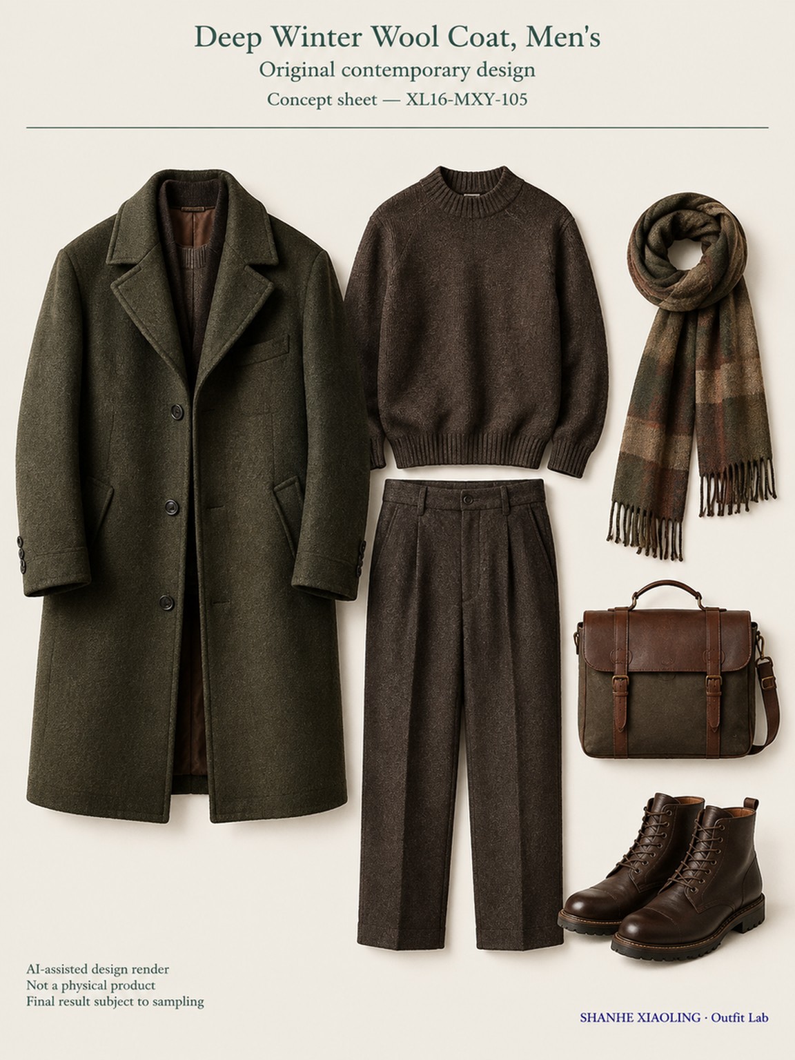 Deep Winter Wool Coat, Men's — Woven · Quilted · Mixed — Cotton-linen · Wool · Twill · Quilted cotton · Wadding · Yarn + cloth