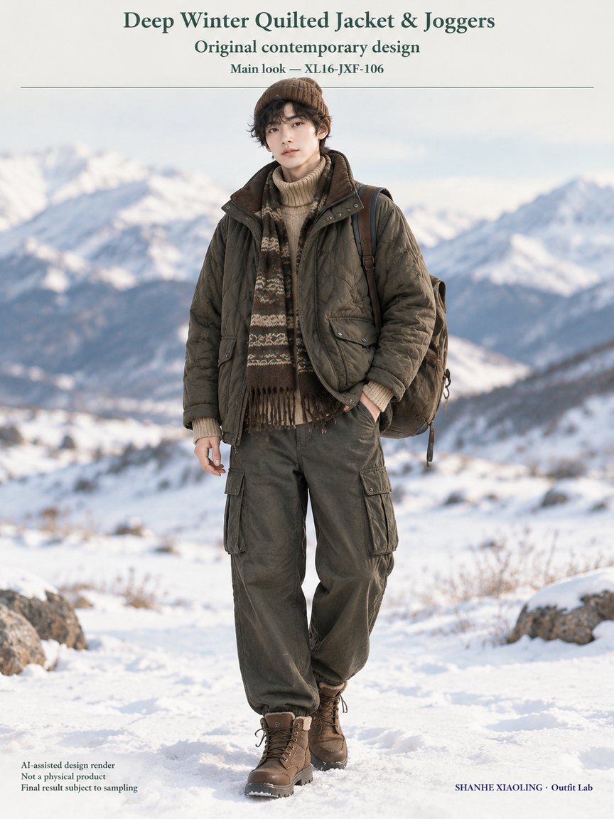 Deep Winter Quilted Jacket & Joggers — Woven · Quilted · Mixed — Quilted cotton · Wadding · Cotton-linen · Wool · Twill · Yarn + cloth
