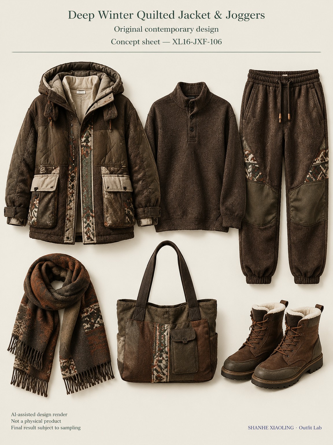 Deep Winter Quilted Jacket & Joggers — Woven · Quilted · Mixed — Quilted cotton · Wadding · Cotton-linen · Wool · Twill · Yarn + cloth