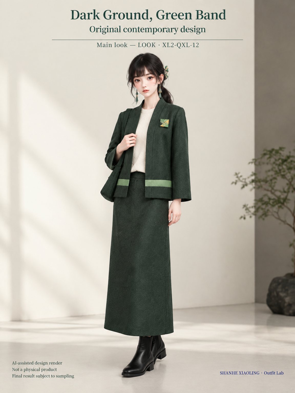 Dark Ground, Green Band — Woven · Embroidery — Cotton-linen · Wool · Twill · Embroidery thread · ground cloth