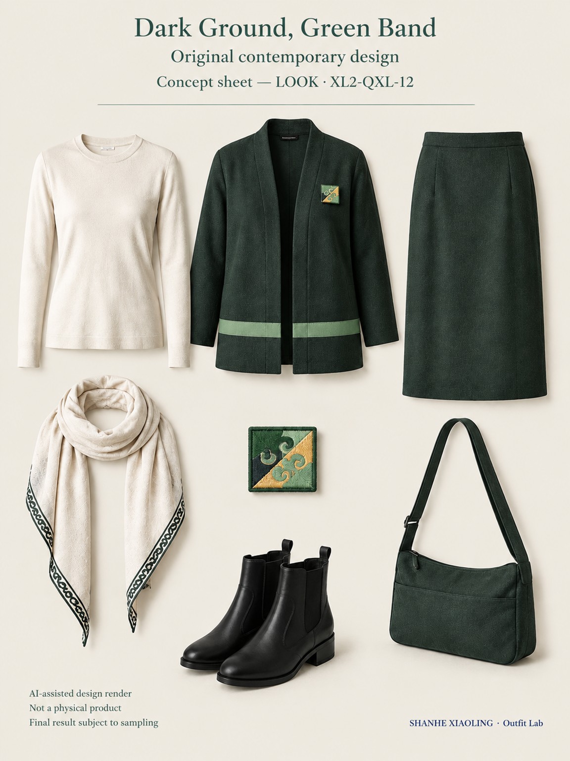 Dark Ground, Green Band — Woven · Embroidery — Cotton-linen · Wool · Twill · Embroidery thread · ground cloth