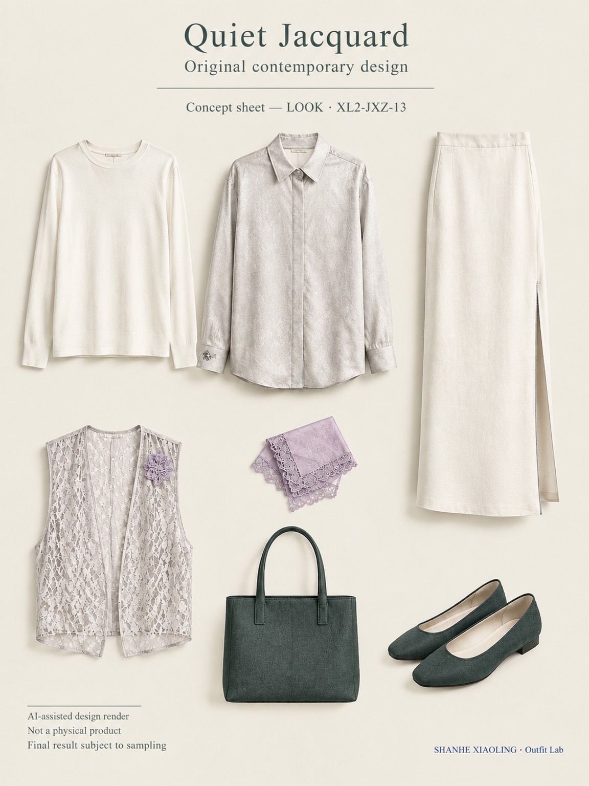 Quiet Jacquard — Woven · Lace/Gauze · Embroidery — Embroidery thread · ground cloth · Cotton-linen · Wool · Twill · Lace · Gauze
