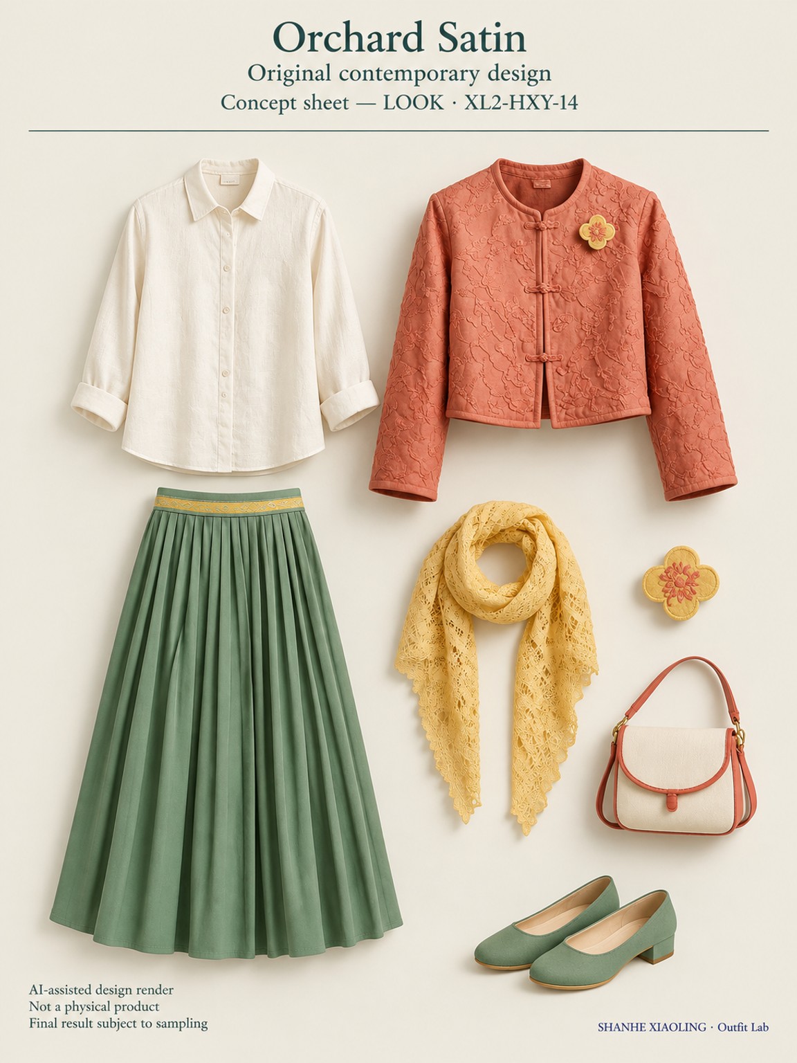 Orchard Satin — Woven · Lace/Gauze · Embroidery · Mixed — Embroidery thread · ground cloth · Cotton-linen · Wool · Twill · Lace · Gauze · Yarn + cloth