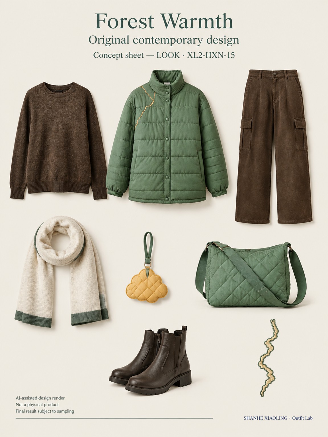 Forest Warmth — Woven · Quilted · Mixed — Quilted cotton · Wadding · Cotton-linen · Wool · Twill · Yarn + cloth