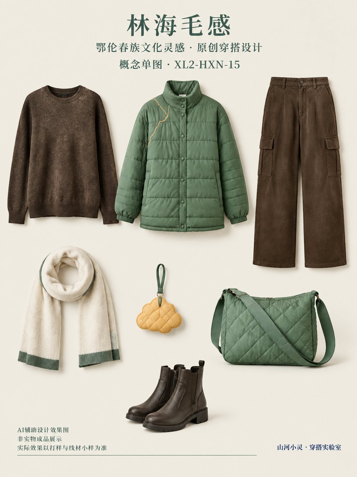 林海毛感｜鄂伦春族 · 林海鹿鸣｜绗缝 · 梭织 · 混材｜绗缝棉 · 填充 · 棉麻 · 羊毛呢 · 斜纹布 · 纱线＋布料