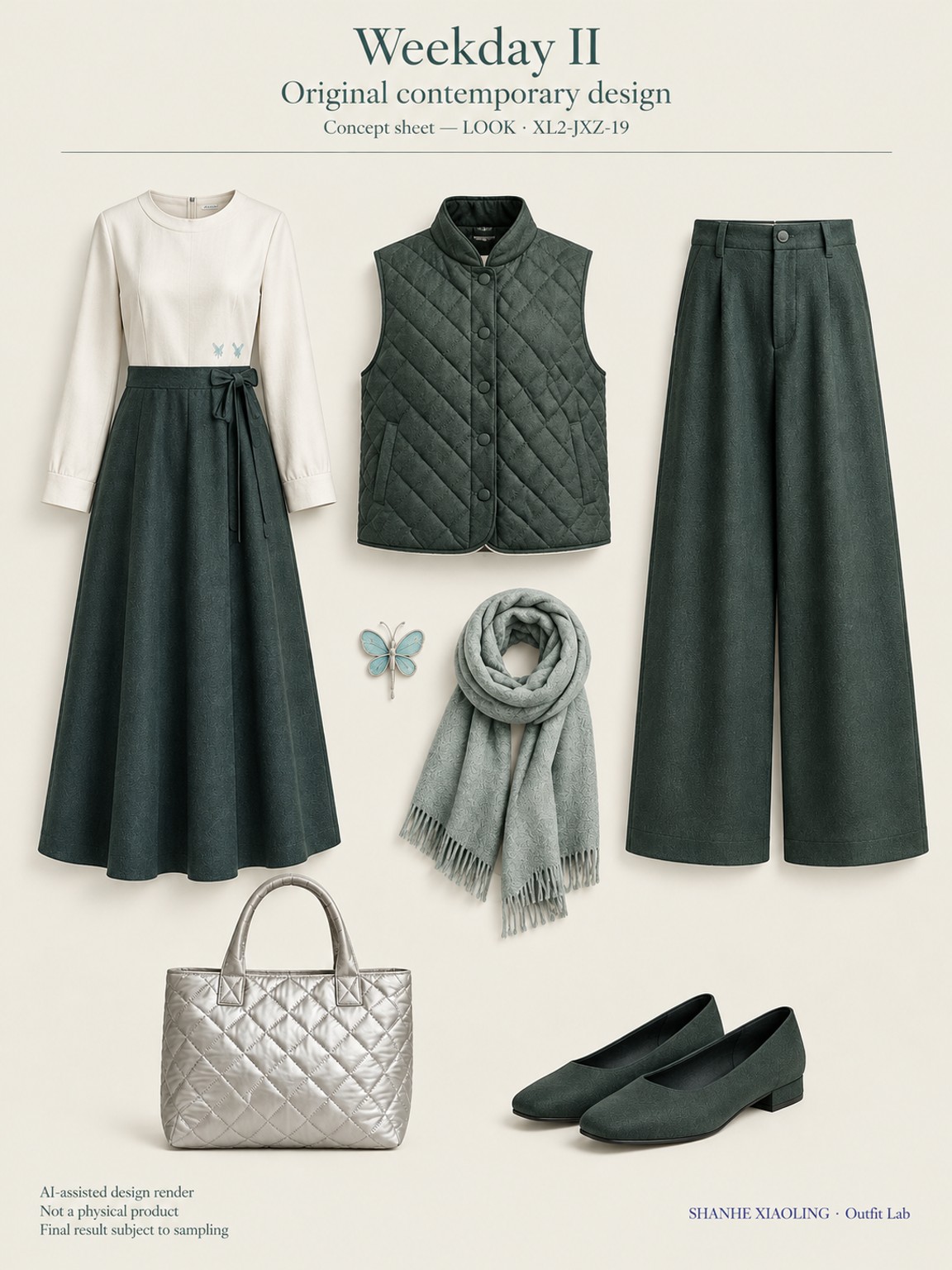 Weekday II — Woven · Quilted · Mixed — Yarn + cloth · Quilted cotton · Wadding · Cotton-linen · Wool · Twill