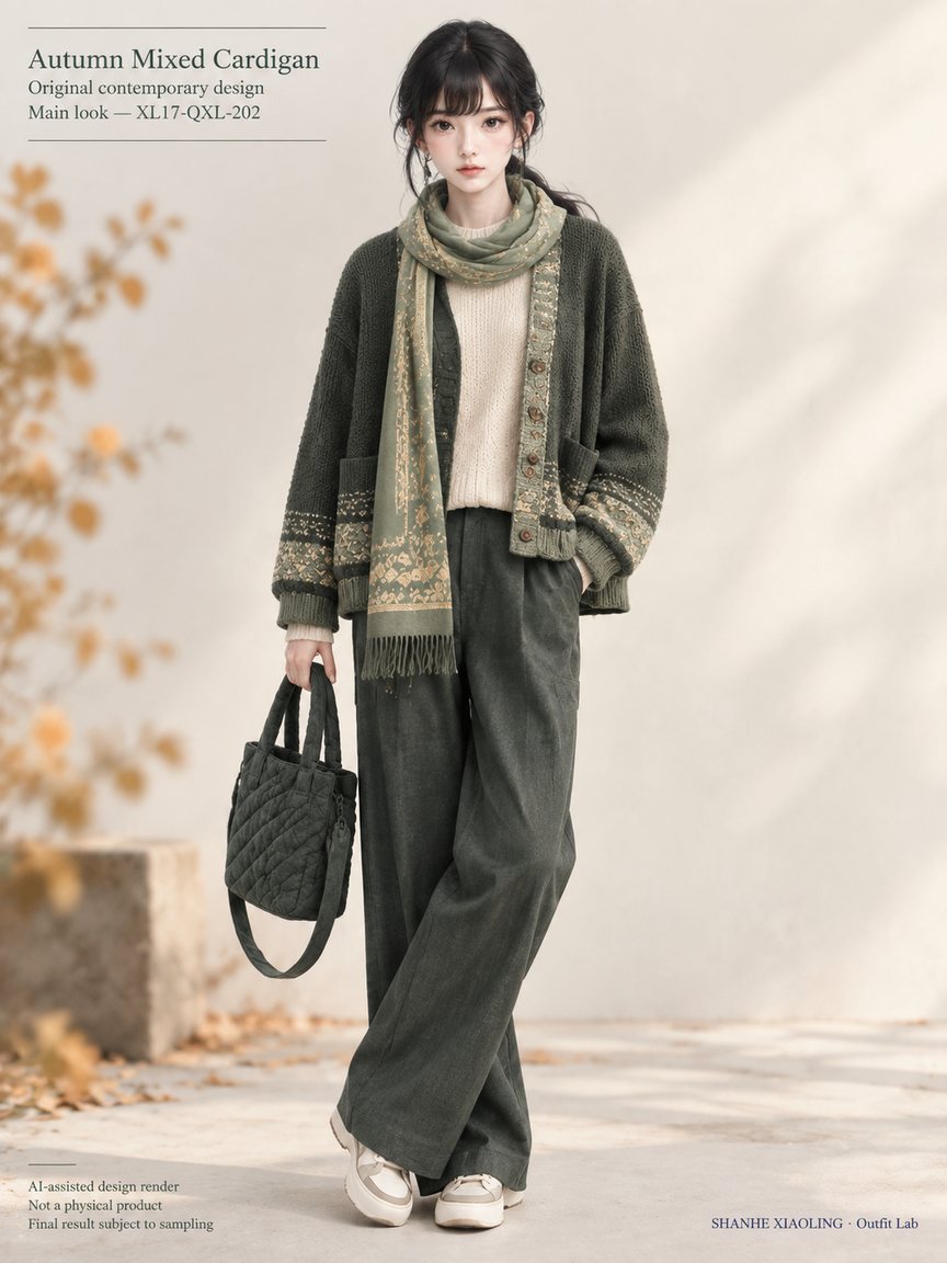 Autumn Mixed Cardigan — Woven · Embroidery · Quilted · Mixed — Yarn + cloth · Cotton-linen · Wool · Twill · Embroidery thread · ground cloth · Quilted cotton · Wadding