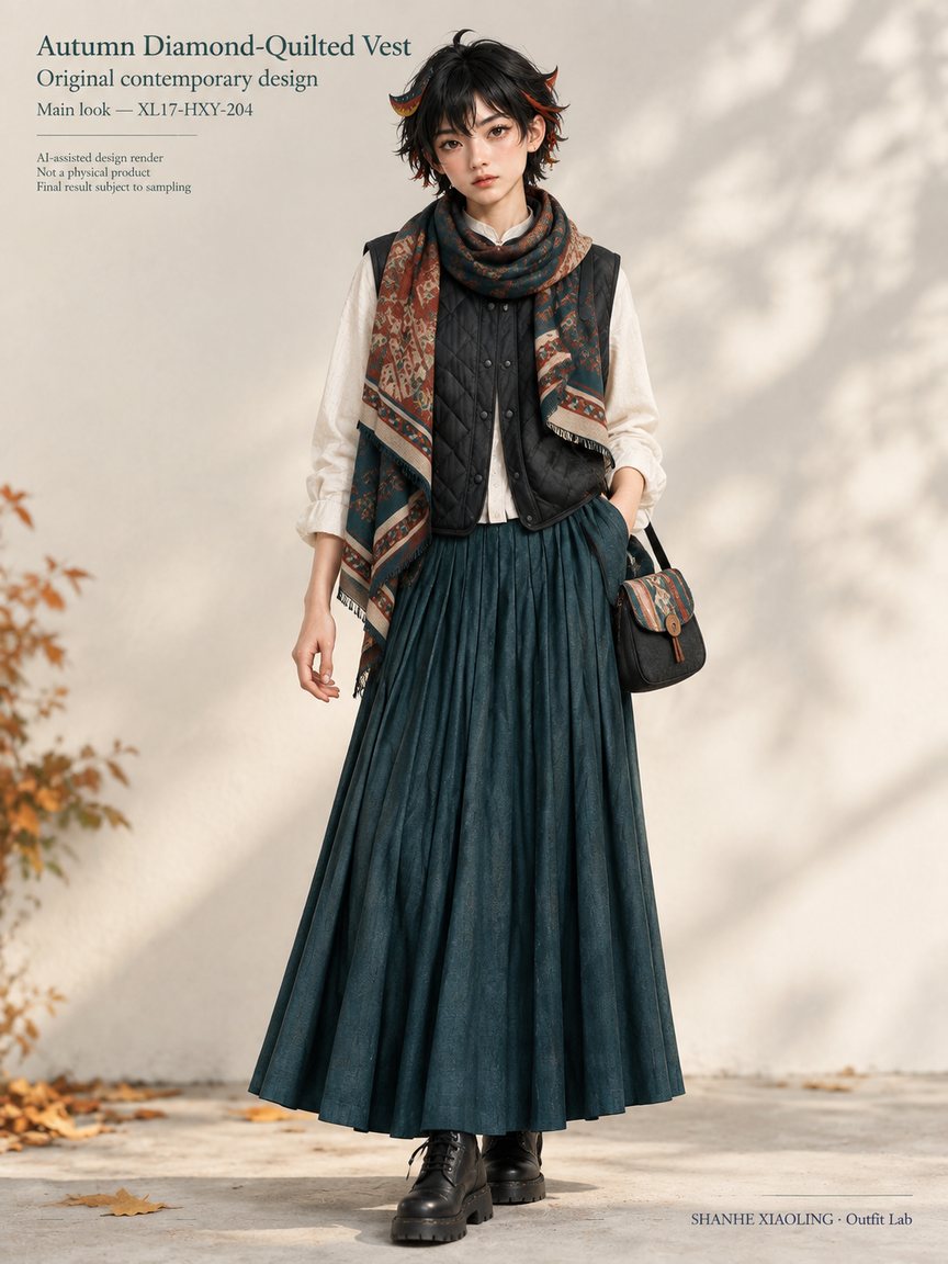 Autumn Diamond-Quilted Vest — Woven · Embroidery · Quilted · Mixed — Quilted cotton · Wadding · Cotton-linen · Wool · Twill · Yarn + cloth · Embroidery thread · ground cloth