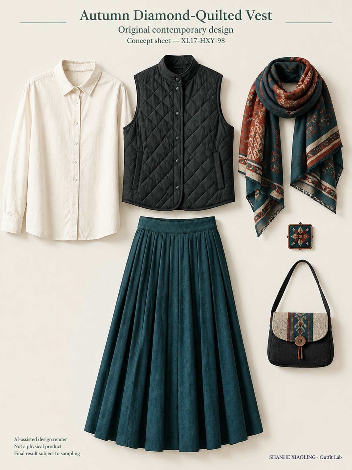 Autumn Diamond-Quilted Vest — Woven · Embroidery · Quilted · Mixed — Quilted cotton · Wadding · Cotton-linen · Wool · Twill · Yarn + cloth · Embroidery thread · ground cloth