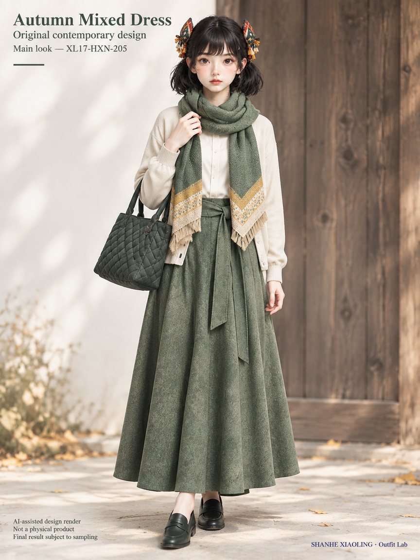 Autumn Mixed Dress — Woven · Quilted · Mixed — Yarn + cloth · Cotton-linen · Wool · Twill · Quilted cotton · Wadding