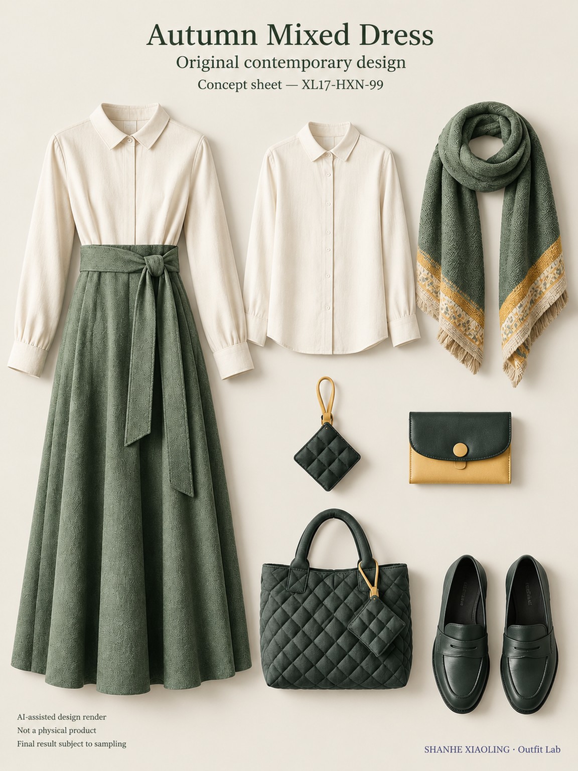 Autumn Mixed Dress — Woven · Quilted · Mixed — Yarn + cloth · Cotton-linen · Wool · Twill · Quilted cotton · Wadding