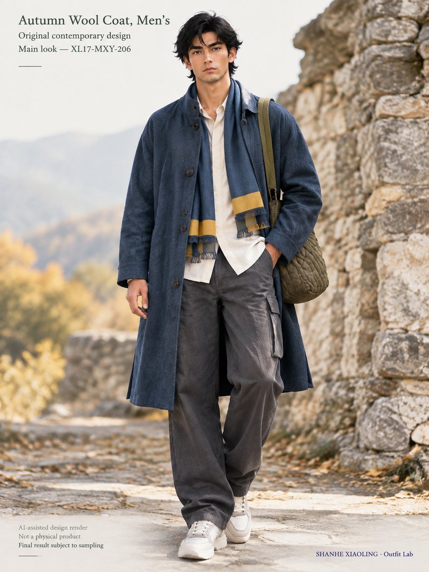 Autumn Wool Coat, Men's — Woven · Quilted · Mixed — Cotton-linen · Wool · Twill · Yarn + cloth · Quilted cotton · Wadding