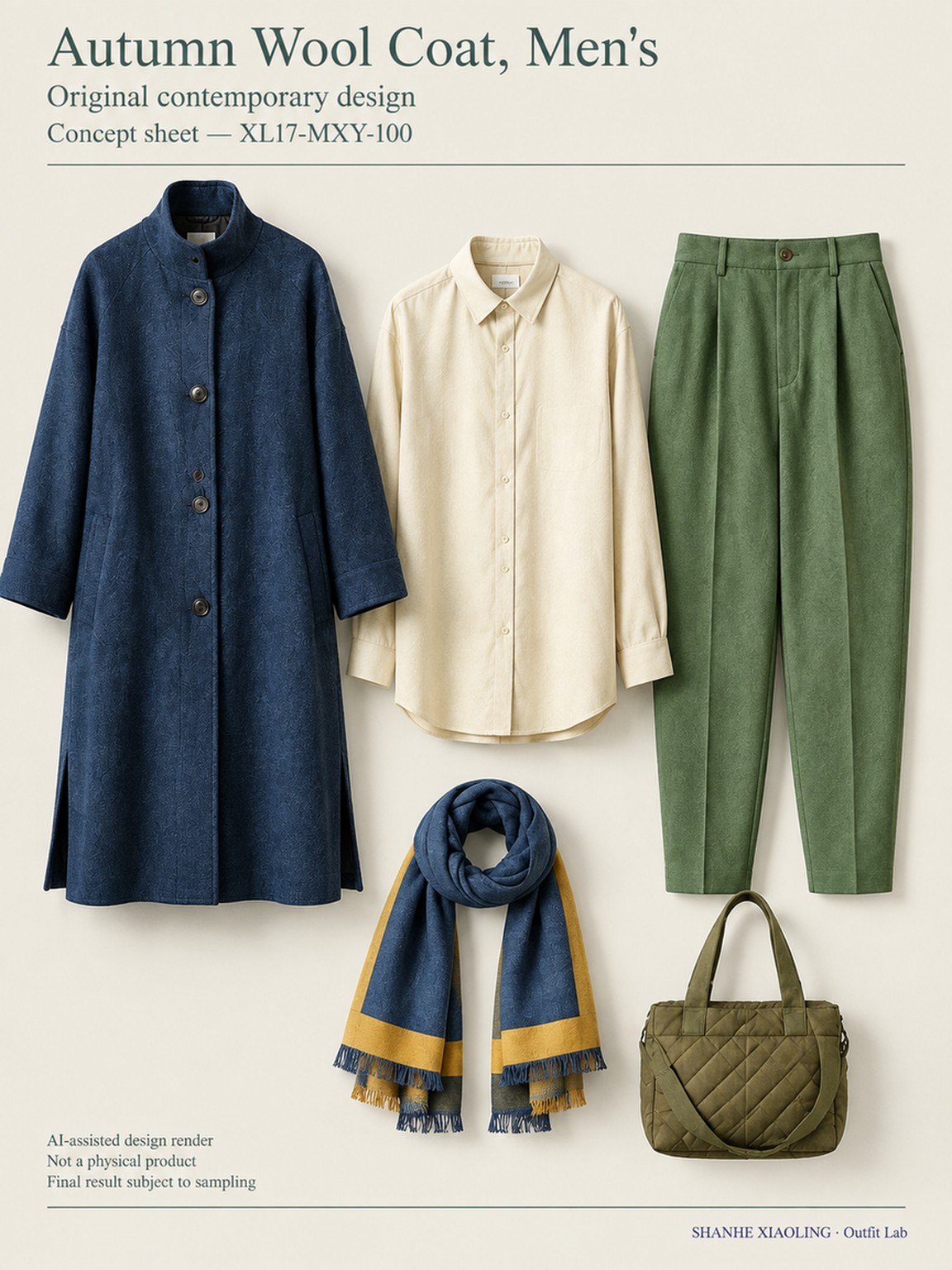 Autumn Wool Coat, Men's — Woven · Quilted · Mixed — Cotton-linen · Wool · Twill · Yarn + cloth · Quilted cotton · Wadding
