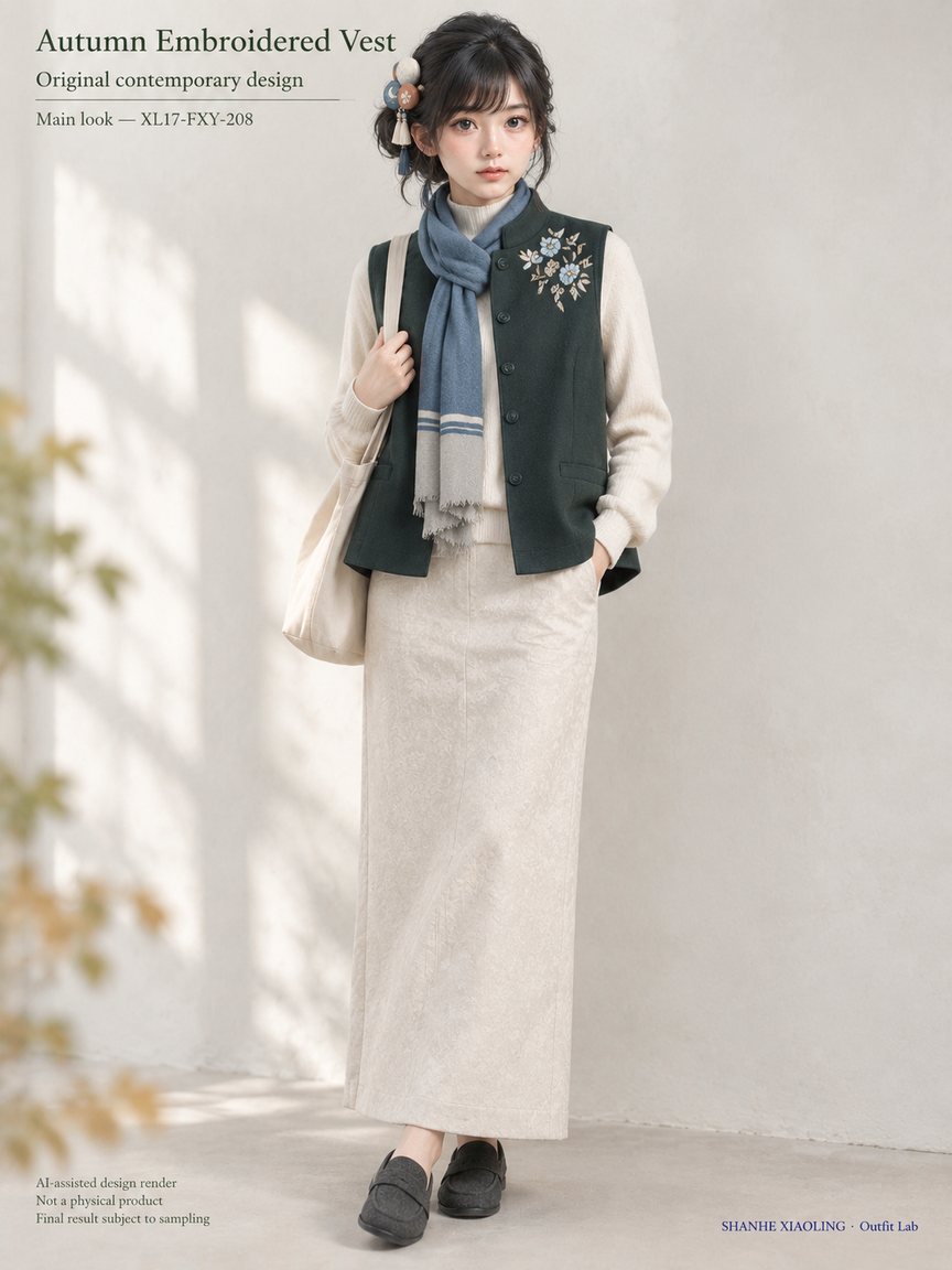 Autumn Embroidered Vest — Woven · Embroidery · Mixed — Embroidery thread · ground cloth · Cotton-linen · Wool · Twill · Yarn + cloth