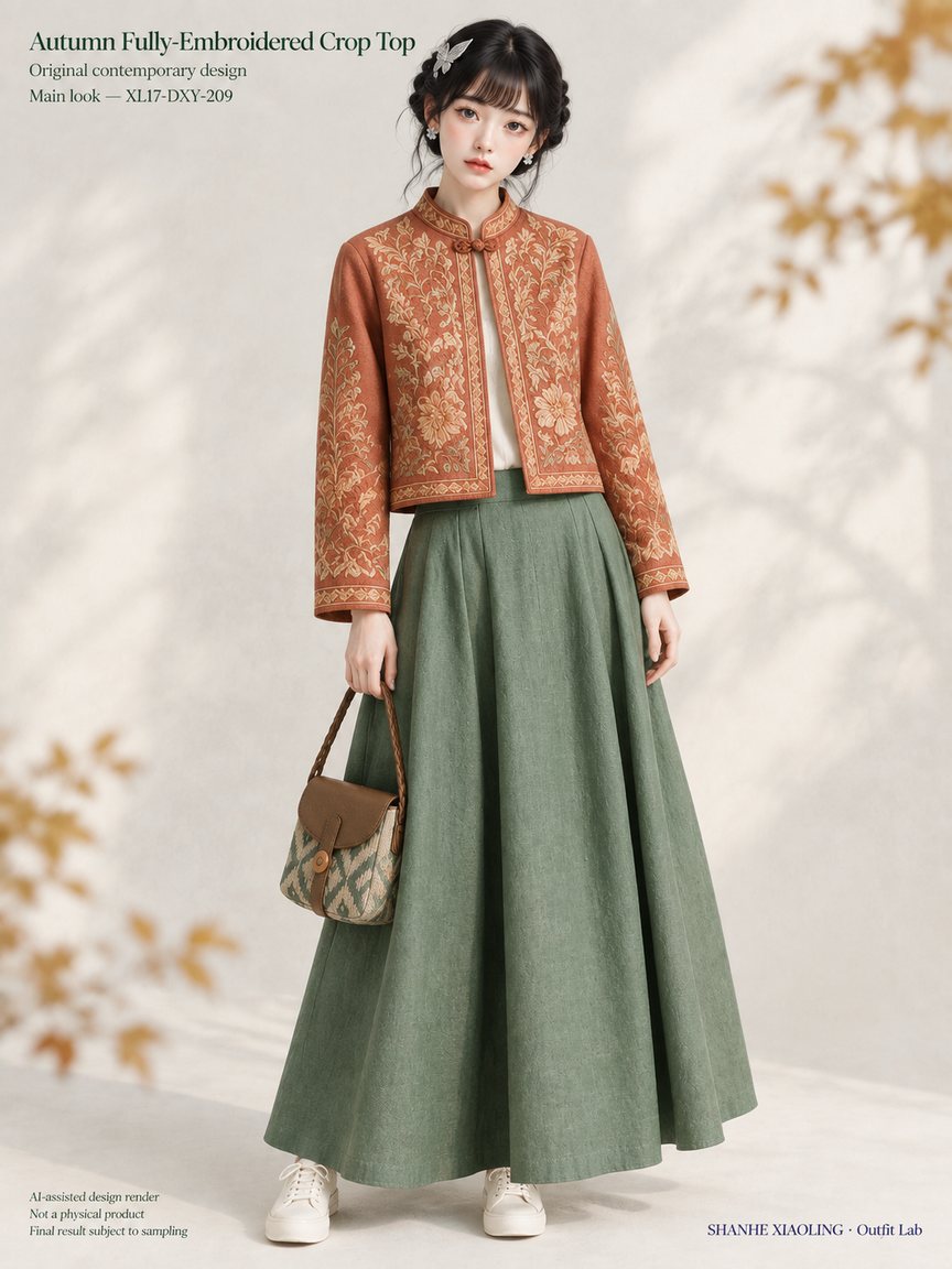Autumn Fully-Embroidered Crop Top — Woven · Lace/Gauze · Embroidery · Mixed — Embroidery thread · ground cloth · Cotton-linen · Wool · Twill · Lace · Gauze · Yarn + cloth