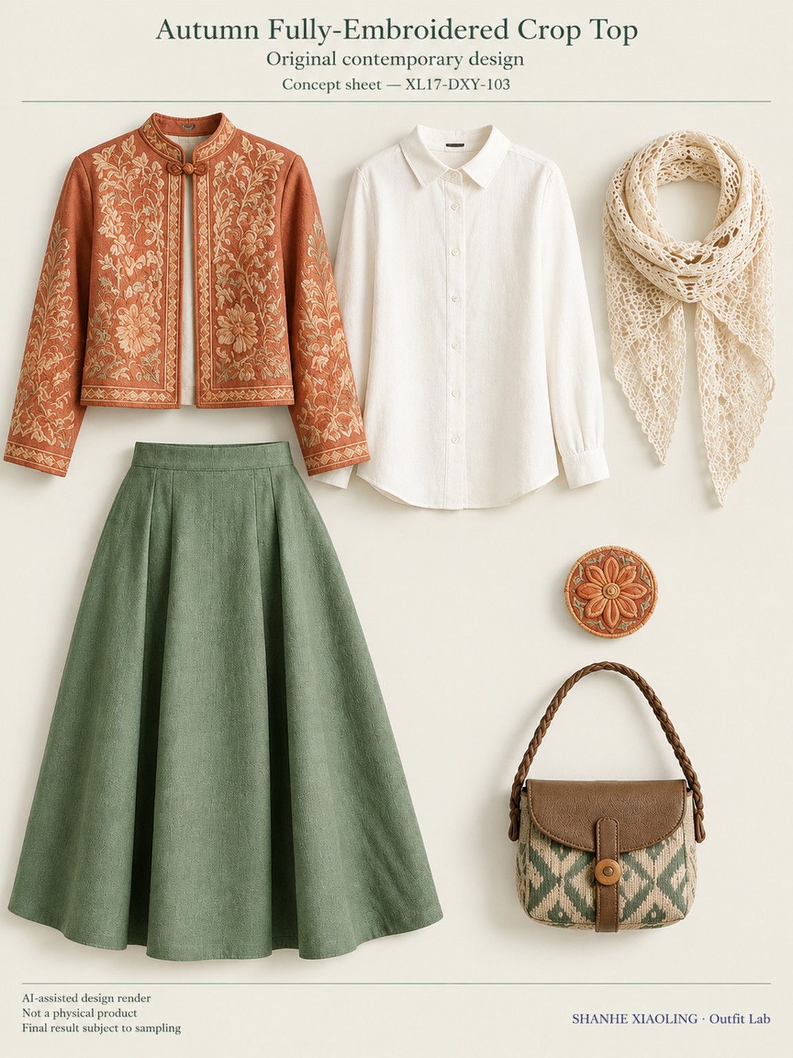 Autumn Fully-Embroidered Crop Top — Woven · Lace/Gauze · Embroidery · Mixed — Embroidery thread · ground cloth · Cotton-linen · Wool · Twill · Lace · Gauze · Yarn + cloth