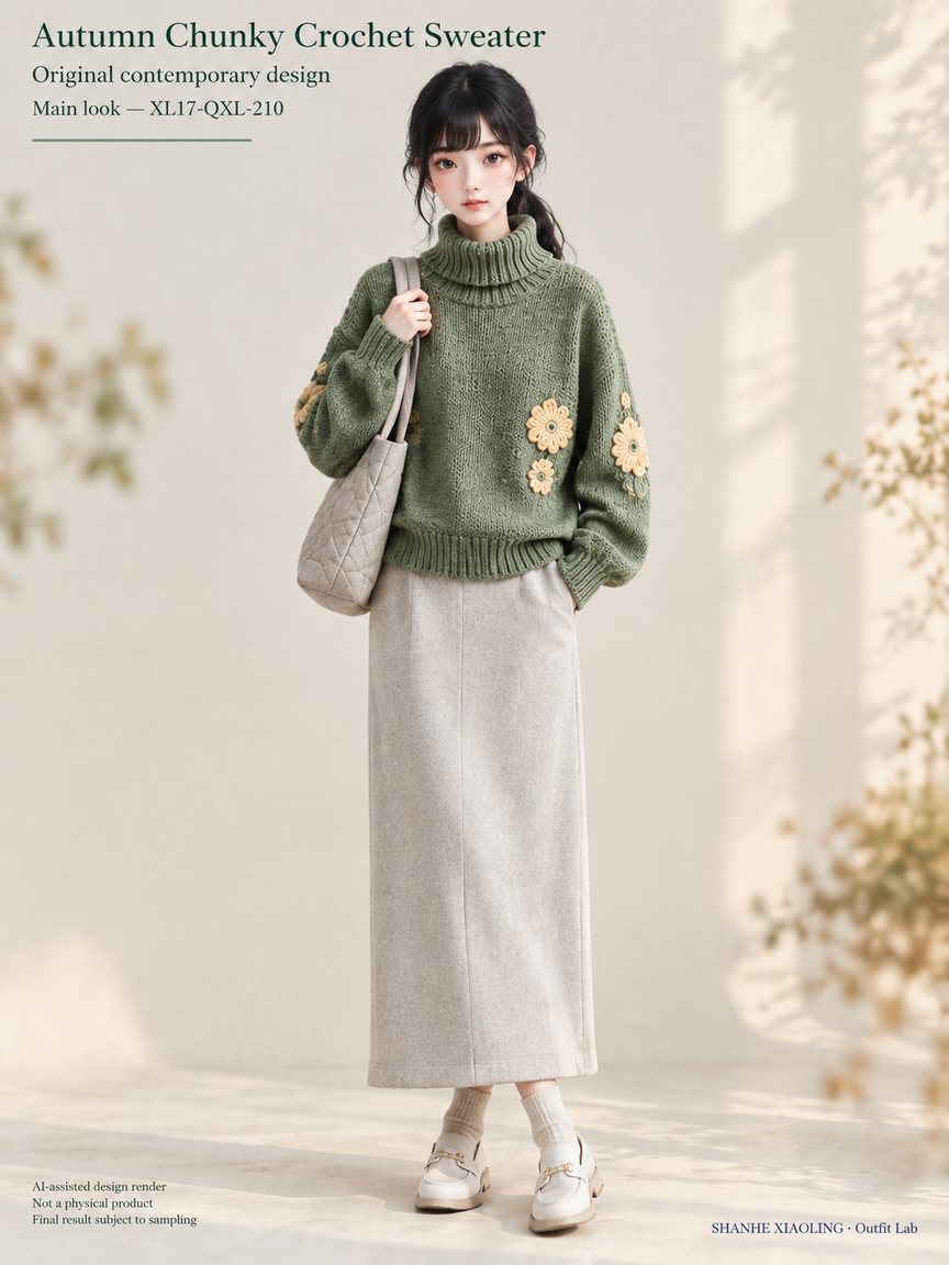 Autumn Chunky Crochet Sweater — Woven · Crochet · Embroidery · Quilted — Chunky yarn · Cotton-linen · Wool · Twill · Embroidery thread · ground cloth · Quilted cotton · Wadding