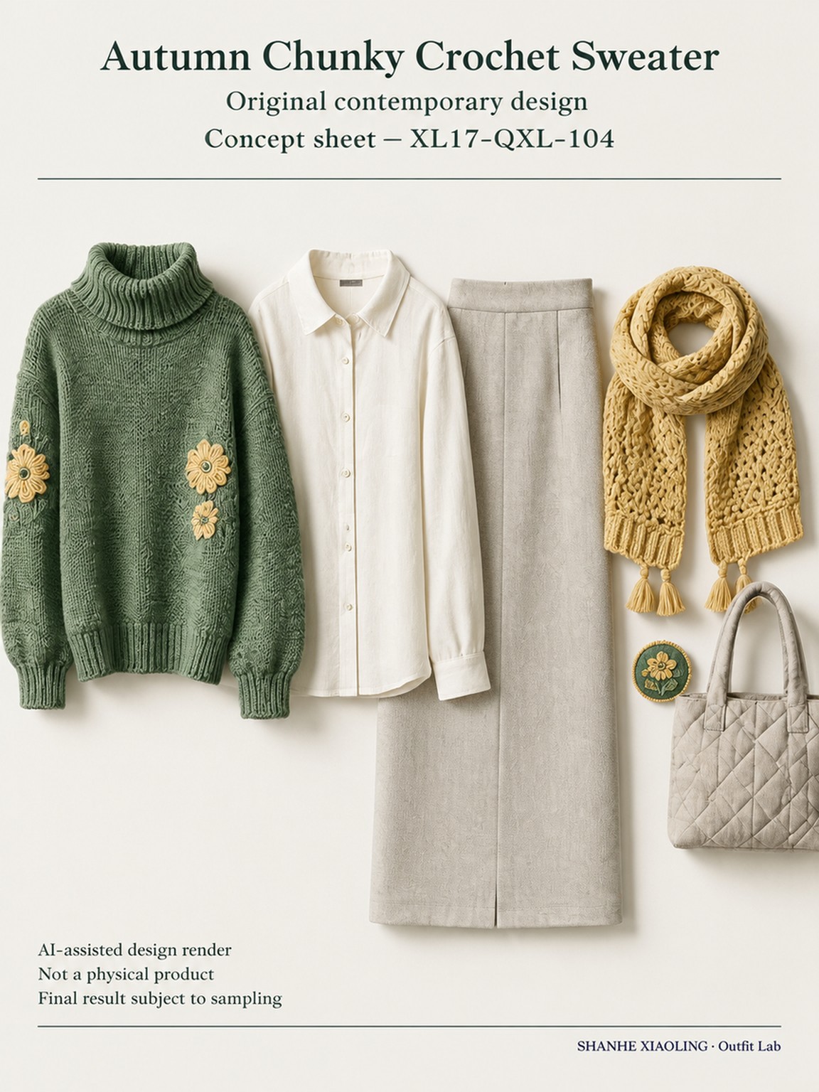 Autumn Chunky Crochet Sweater — Woven · Crochet · Embroidery · Quilted — Chunky yarn · Cotton-linen · Wool · Twill · Embroidery thread · ground cloth · Quilted cotton · Wadding