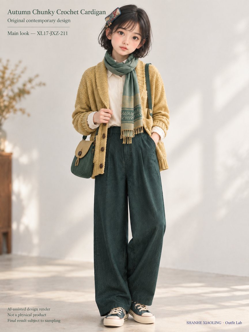 Autumn Chunky Crochet Cardigan — Woven · Crochet · Embroidery · Mixed — Chunky yarn · Cotton-linen · Wool · Twill · Yarn + cloth · Embroidery thread · ground cloth