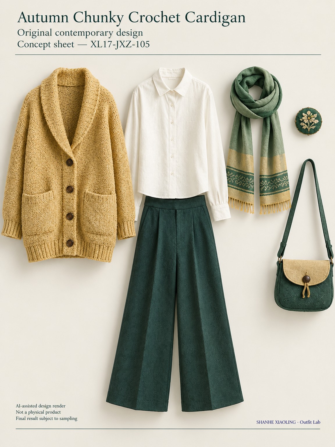 Autumn Chunky Crochet Cardigan — Woven · Crochet · Embroidery · Mixed — Chunky yarn · Cotton-linen · Wool · Twill · Yarn + cloth · Embroidery thread · ground cloth