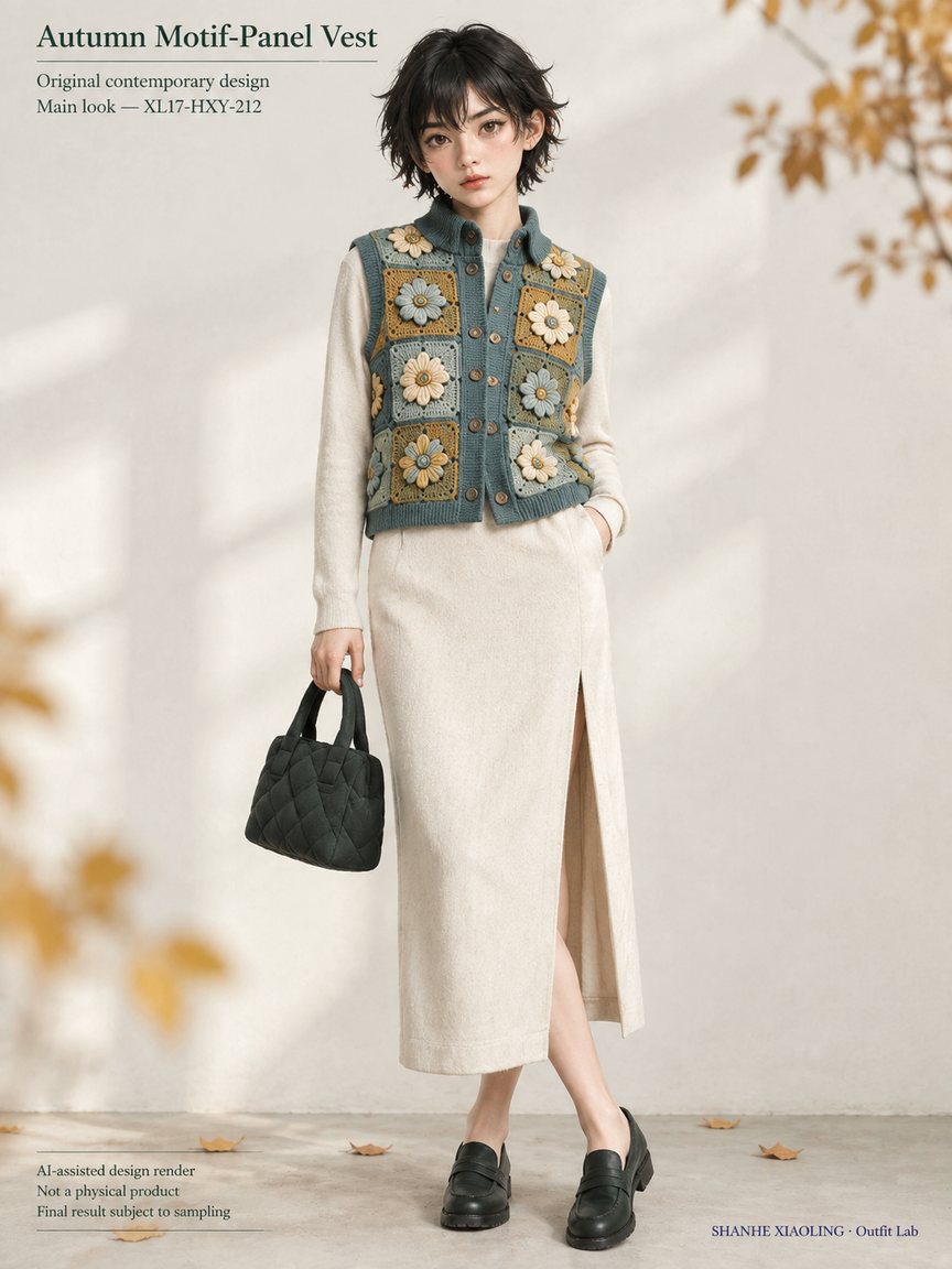 Autumn Motif-Panel Vest — Woven · Crochet · Embroidery · Quilted — Chunky yarn · Cotton-linen · Wool · Twill · Embroidery thread · ground cloth · Quilted cotton · Wadding