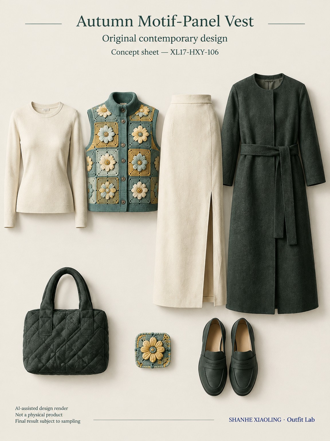 Autumn Motif-Panel Vest — Woven · Crochet · Embroidery · Quilted — Chunky yarn · Cotton-linen · Wool · Twill · Embroidery thread · ground cloth · Quilted cotton · Wadding