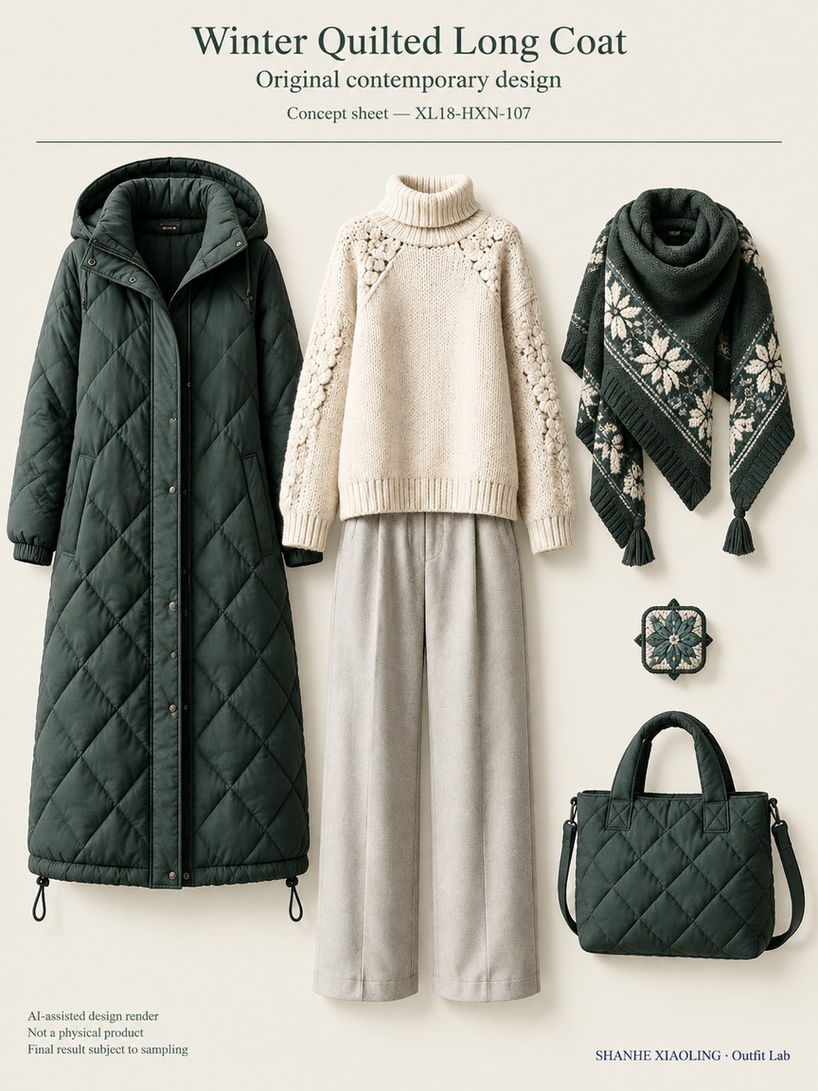 Winter Embroidered Quilted Coat — Woven · Crochet · Embroidery · Quilted — Quilted cotton · Wadding · Chunky yarn · Cotton-linen · Wool · Twill · Embroidery thread · ground cloth