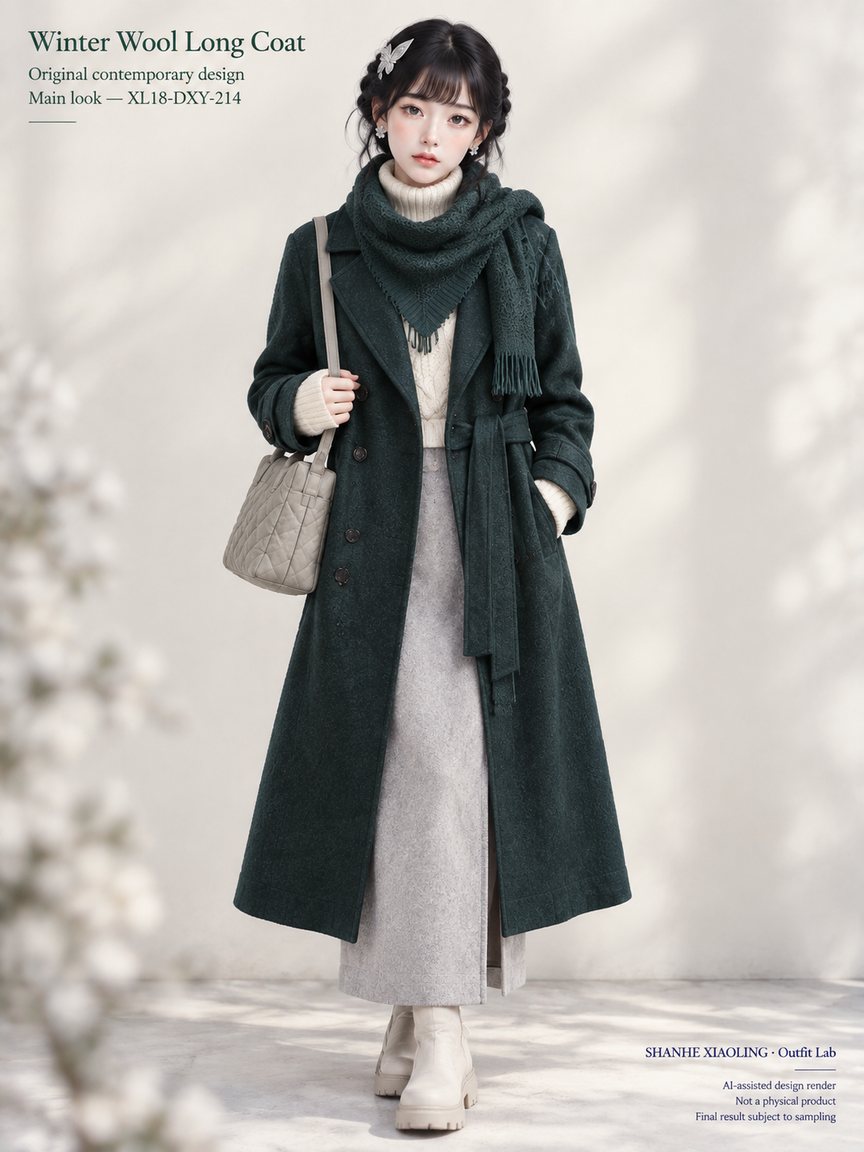 Winter Wool Coat with Embroidery — Woven · Crochet · Embroidery · Quilted — Cotton-linen · Wool · Twill · Chunky yarn · Embroidery thread · ground cloth · Quilted cotton · Wadding