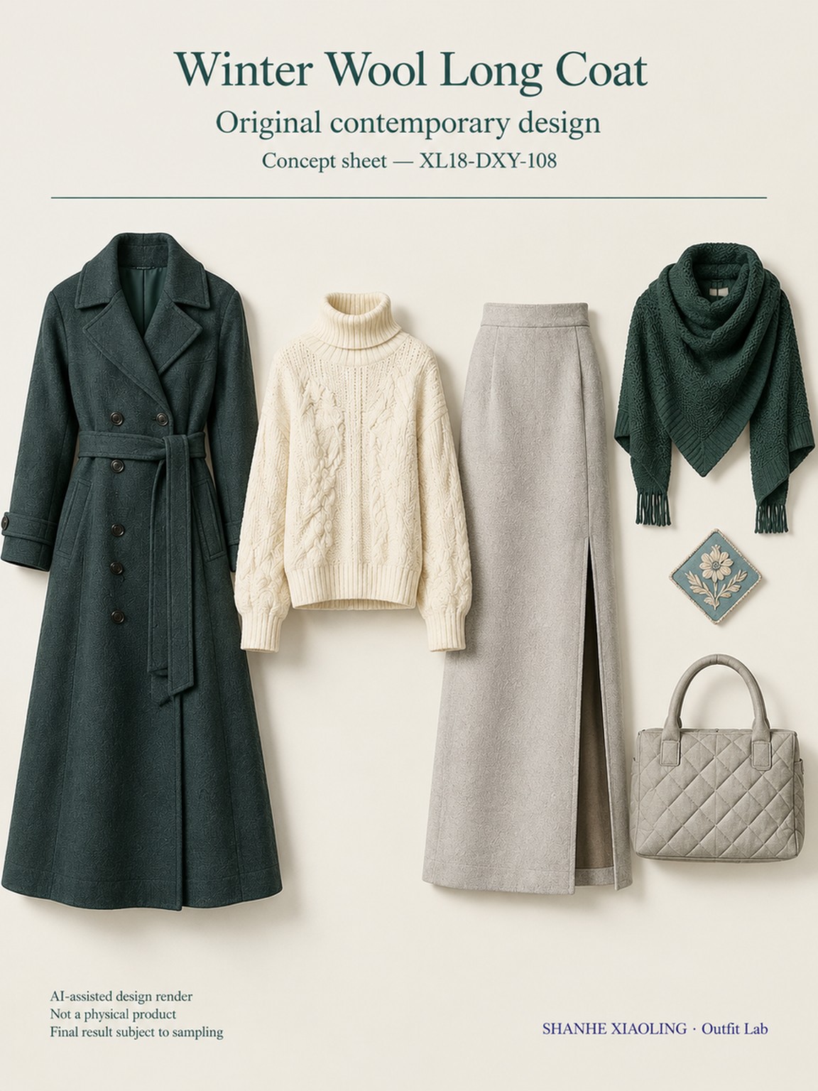 Winter Wool Coat with Embroidery — Woven · Crochet · Embroidery · Quilted — Cotton-linen · Wool · Twill · Chunky yarn · Embroidery thread · ground cloth · Quilted cotton · Wadding