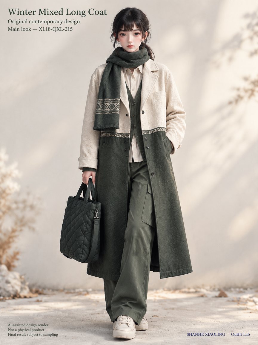 Winter Mixed Long Coat — Woven · Quilted · Mixed — Yarn + cloth · Cotton-linen · Wool · Twill · Quilted cotton · Wadding