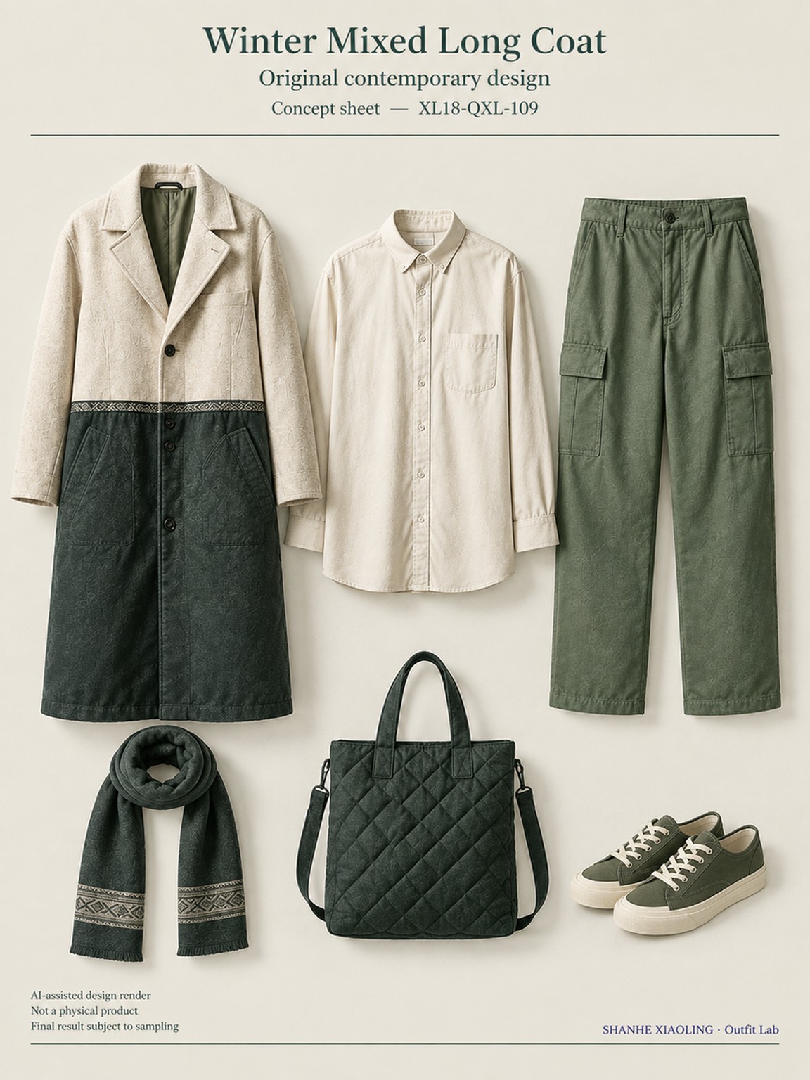 Winter Mixed Long Coat — Woven · Quilted · Mixed — Yarn + cloth · Cotton-linen · Wool · Twill · Quilted cotton · Wadding