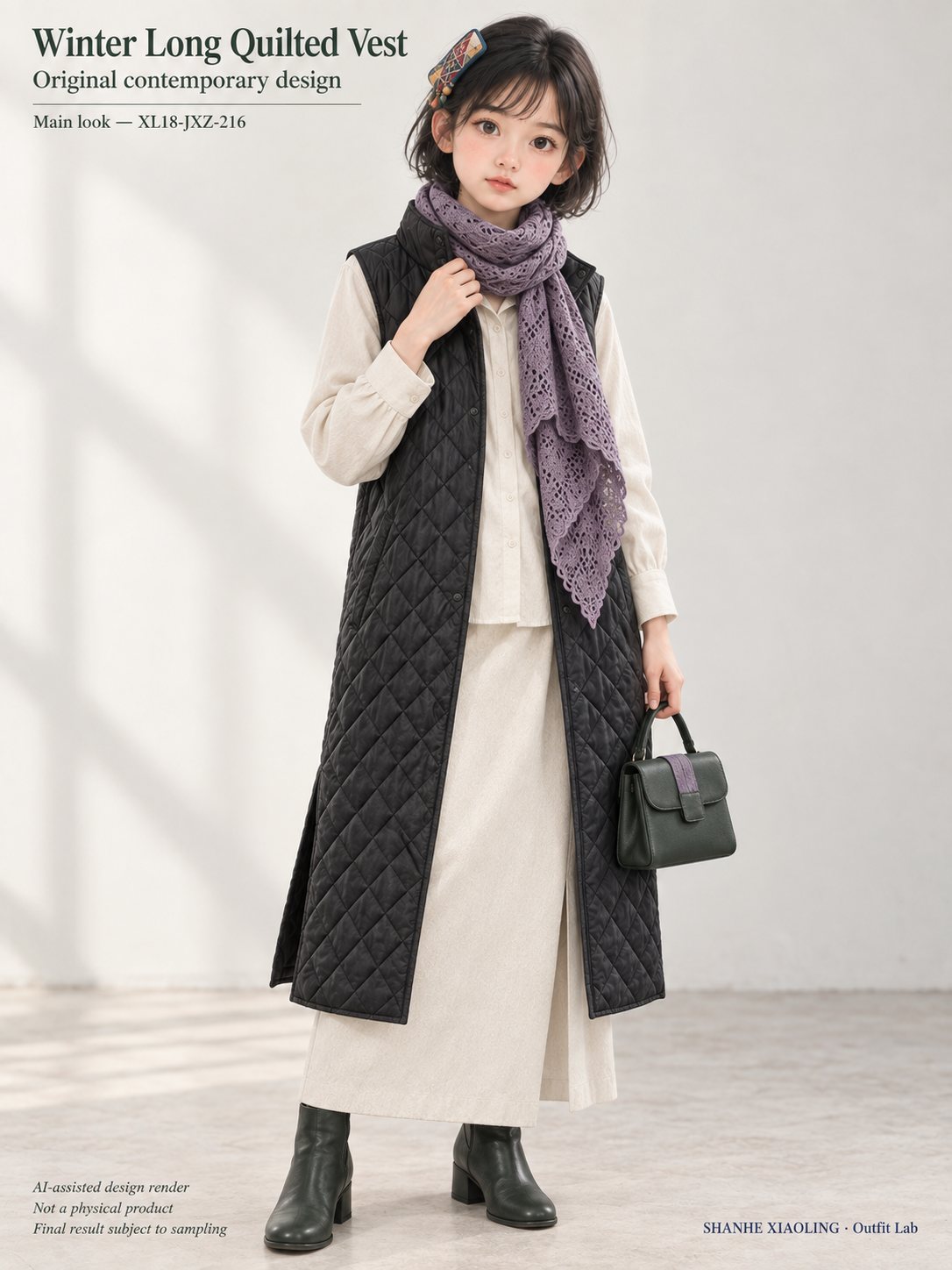 Winter Long Quilted Vest — Woven · Lace/Gauze · Embroidery · Quilted · Mixed — Quilted cotton · Wadding · Cotton-linen · Wool · Twill · Lace · Gauze · Embroidery thread · ground cloth · Yarn + cloth