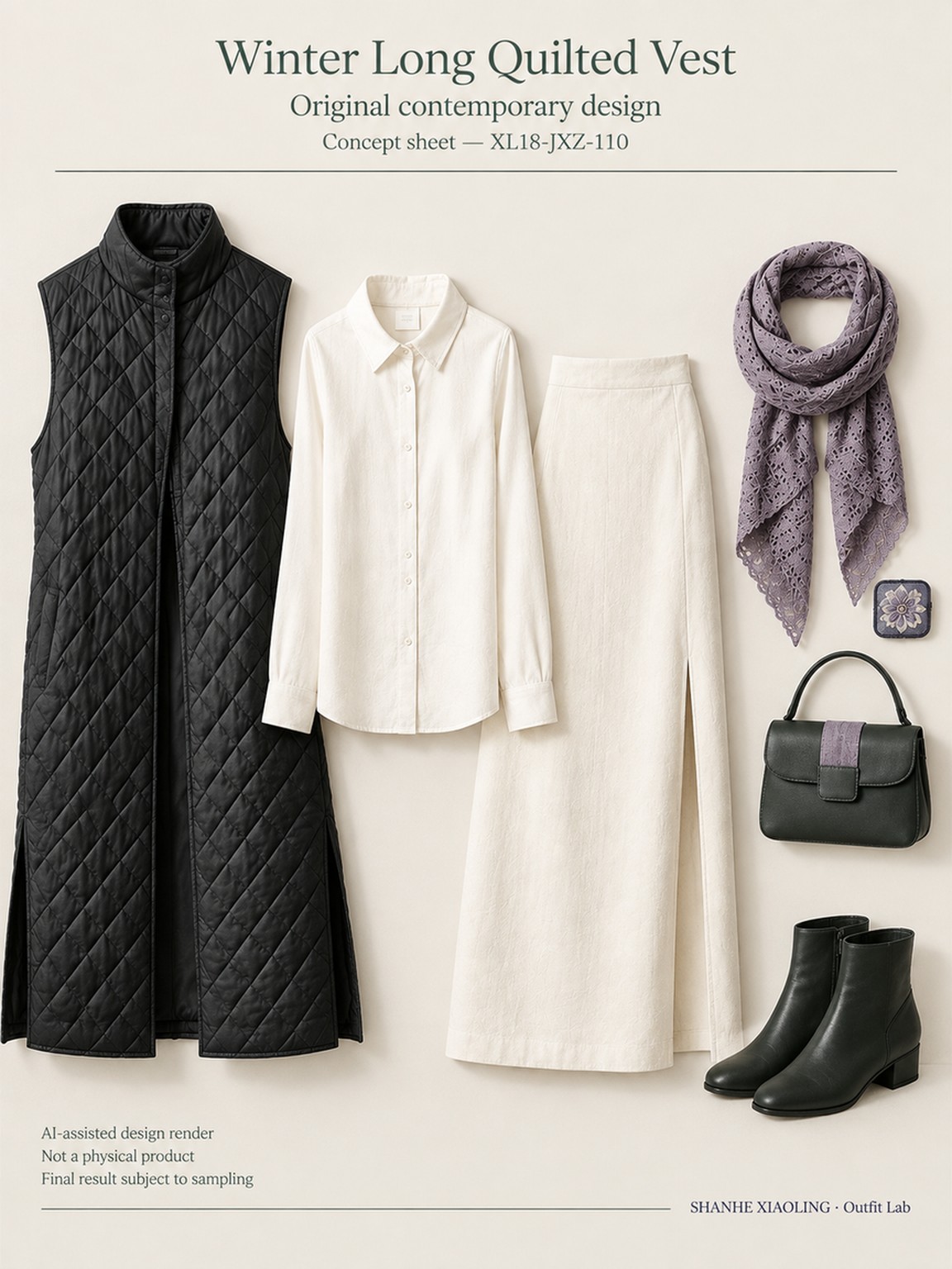 Winter Long Quilted Vest — Woven · Lace/Gauze · Embroidery · Quilted · Mixed — Quilted cotton · Wadding · Cotton-linen · Wool · Twill · Lace · Gauze · Embroidery thread · ground cloth · Yarn + cloth