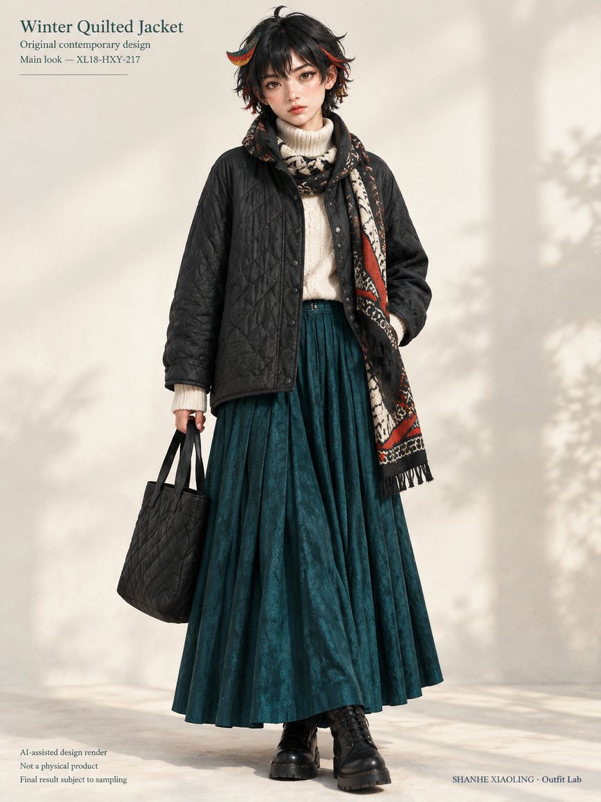 Winter Quilted Jacket — Woven · Crochet · Embroidery · Quilted · Mixed — Quilted cotton · Wadding · Chunky yarn · Cotton-linen · Wool · Twill · Yarn + cloth · Embroidery thread · ground cloth