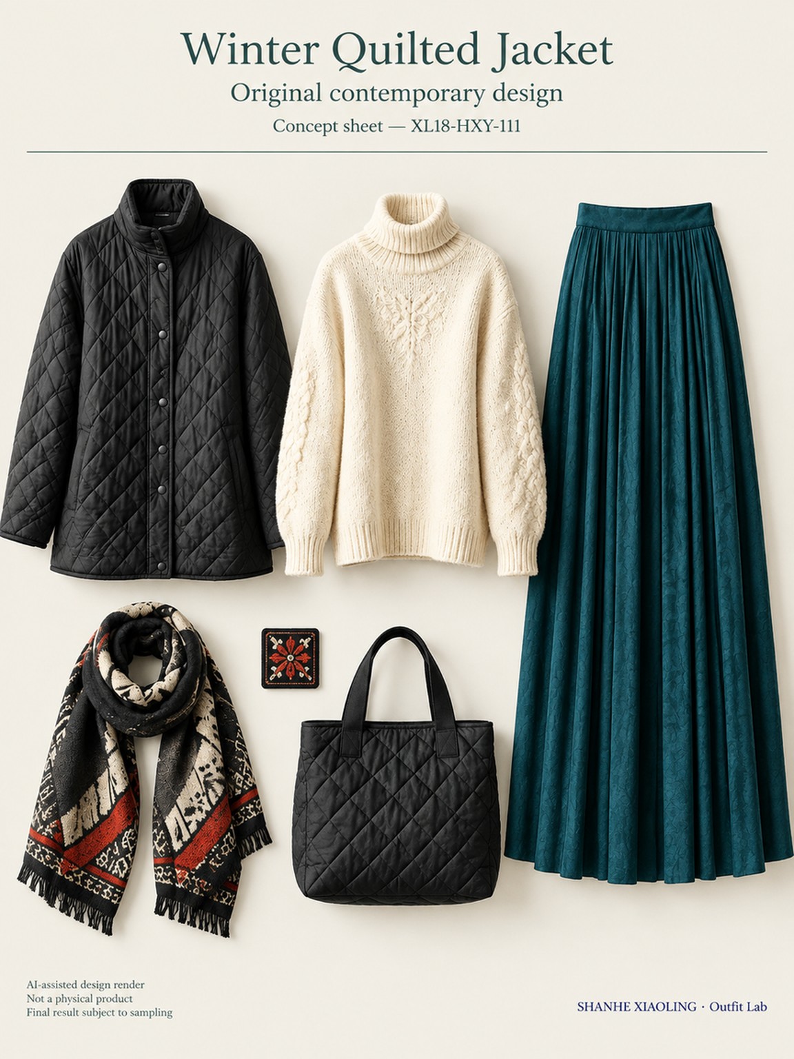 Winter Quilted Jacket — Woven · Crochet · Embroidery · Quilted · Mixed — Quilted cotton · Wadding · Chunky yarn · Cotton-linen · Wool · Twill · Yarn + cloth · Embroidery thread · ground cloth