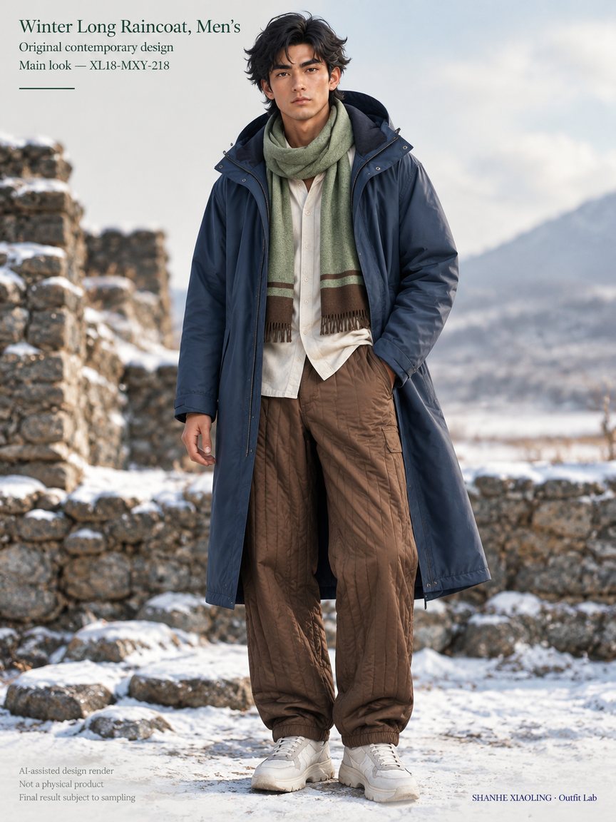 Winter Long Raincoat, Men's — Woven · Quilted · Mixed — Cotton-linen · Wool · Twill · Quilted cotton · Wadding · Yarn + cloth