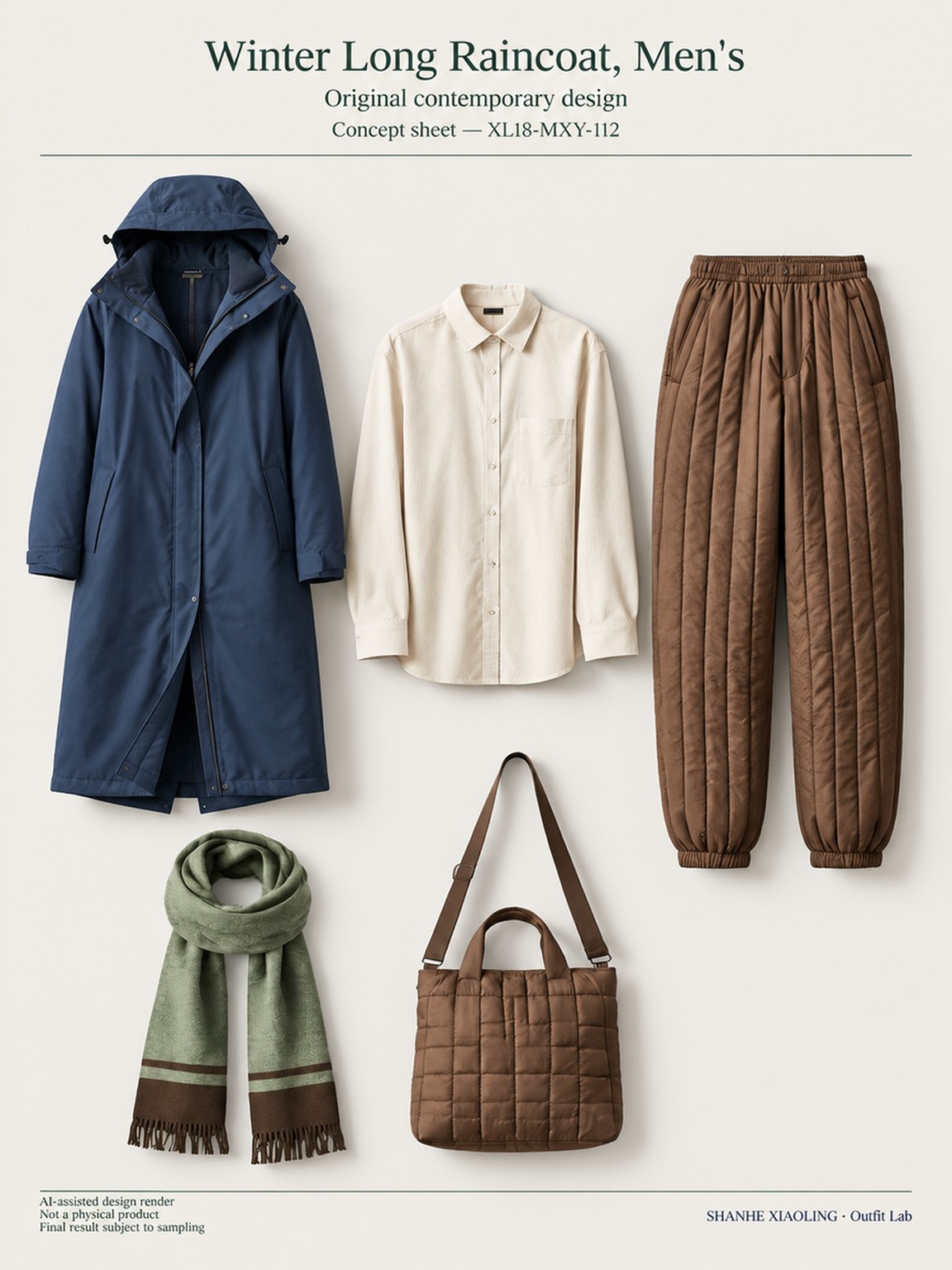 Winter Long Raincoat, Men's — Woven · Quilted · Mixed — Cotton-linen · Wool · Twill · Quilted cotton · Wadding · Yarn + cloth