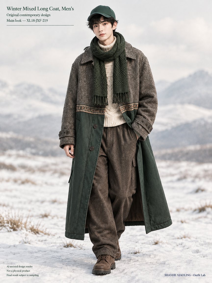 Winter Mixed Long Coat, Men's — Woven · Crochet · Quilted · Mixed — Yarn + cloth · Chunky yarn · Cotton-linen · Wool · Twill · Quilted cotton · Wadding